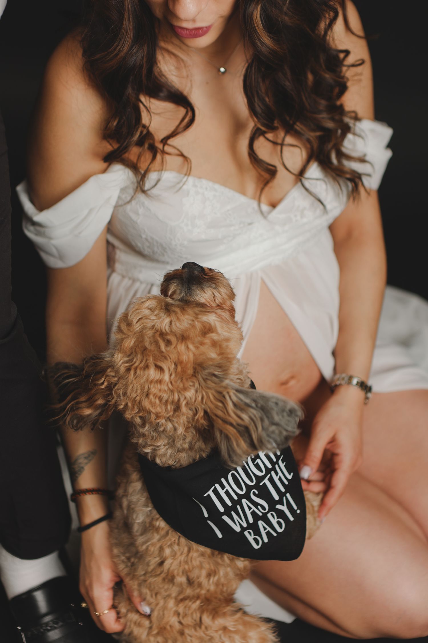 Pregnant woman in white dress with golden doodle wearing I thought I was the baby bandana.