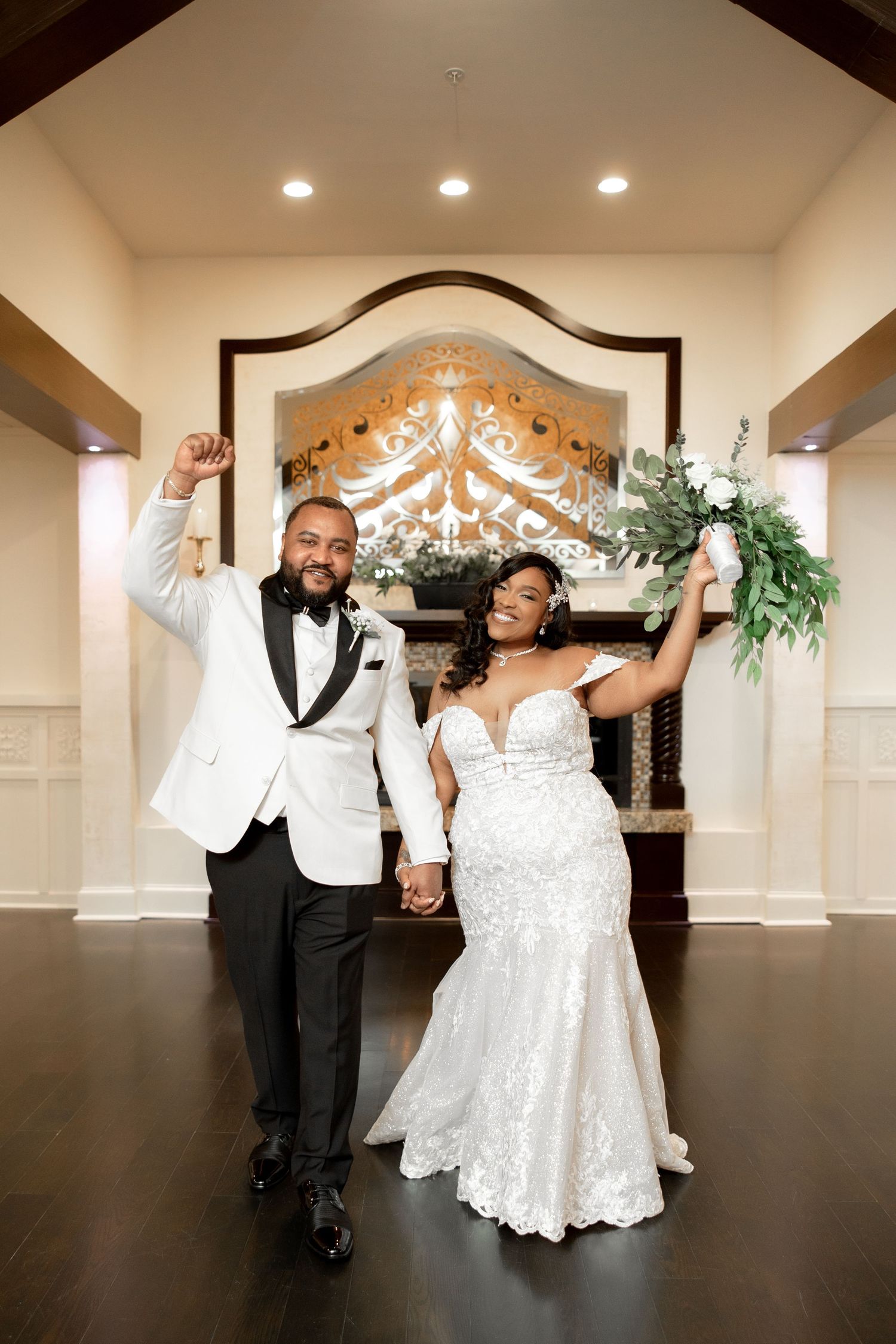 Joyful bride and groom celebrating at Villa Madera ballroom — Boston MA wedding photographer Grand Photo Karyna Oliinyk