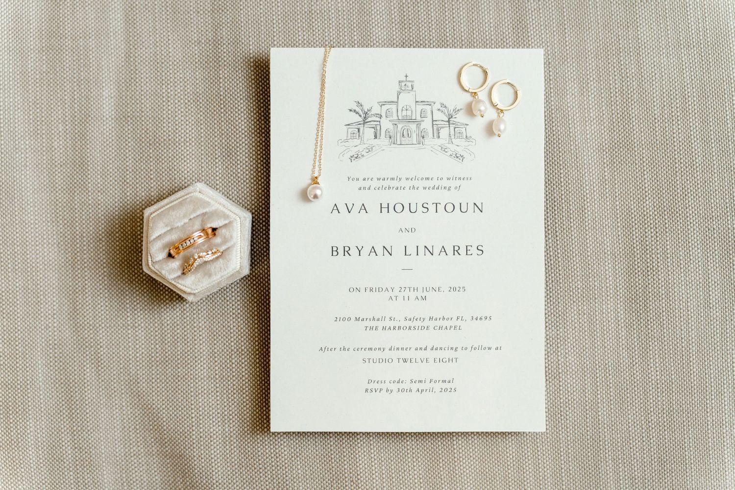 Elegant wedding flat lay at Harborside Chapel in Safety Harbor, Florida — wedding photographer Grand Photo, Karyna Oliinyk
