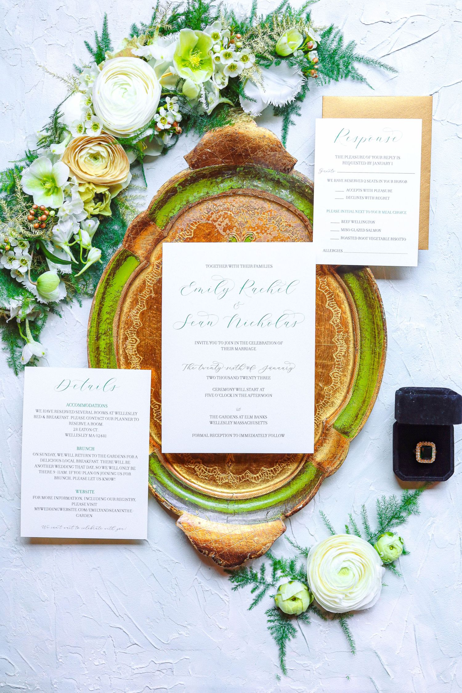 Elegant wedding flat lay at Sunken Gardens in St. Petersburg, Florida, captured by Grand Photo by Karyna Oliinyk