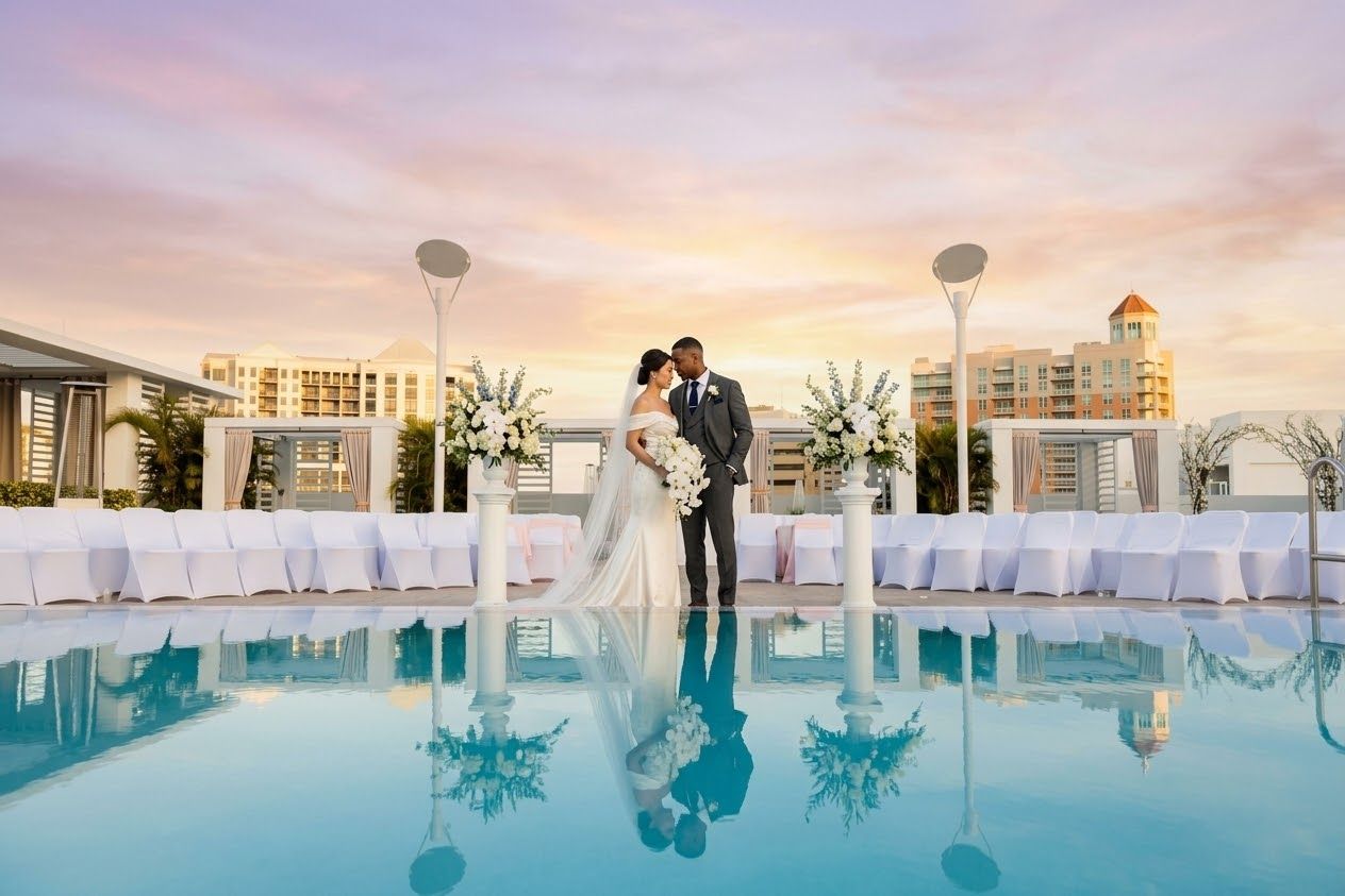 Sunset wedding portraits at Art Ovation Hotel, Autograph Collection in Downtown Sarasota Florida, captured by Grand Photo