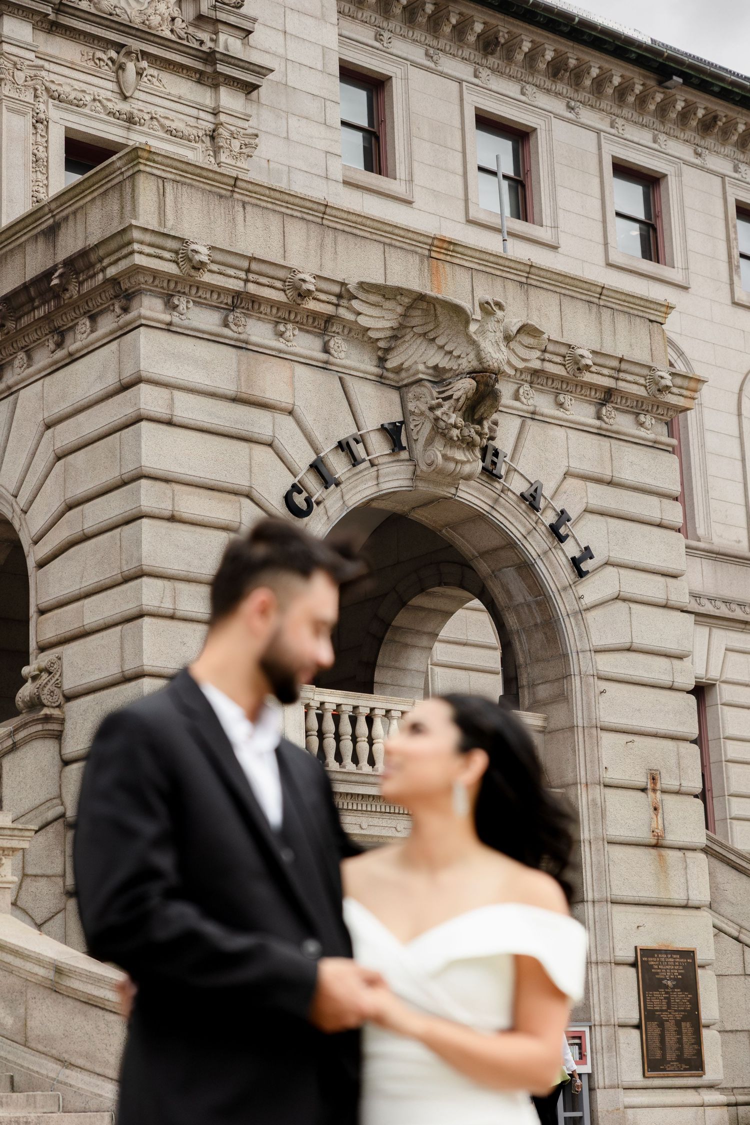 Bride and groom ceremony in front of Newton City Hall MA, wedding photographer Grand Photo Karyna Oliinyk
