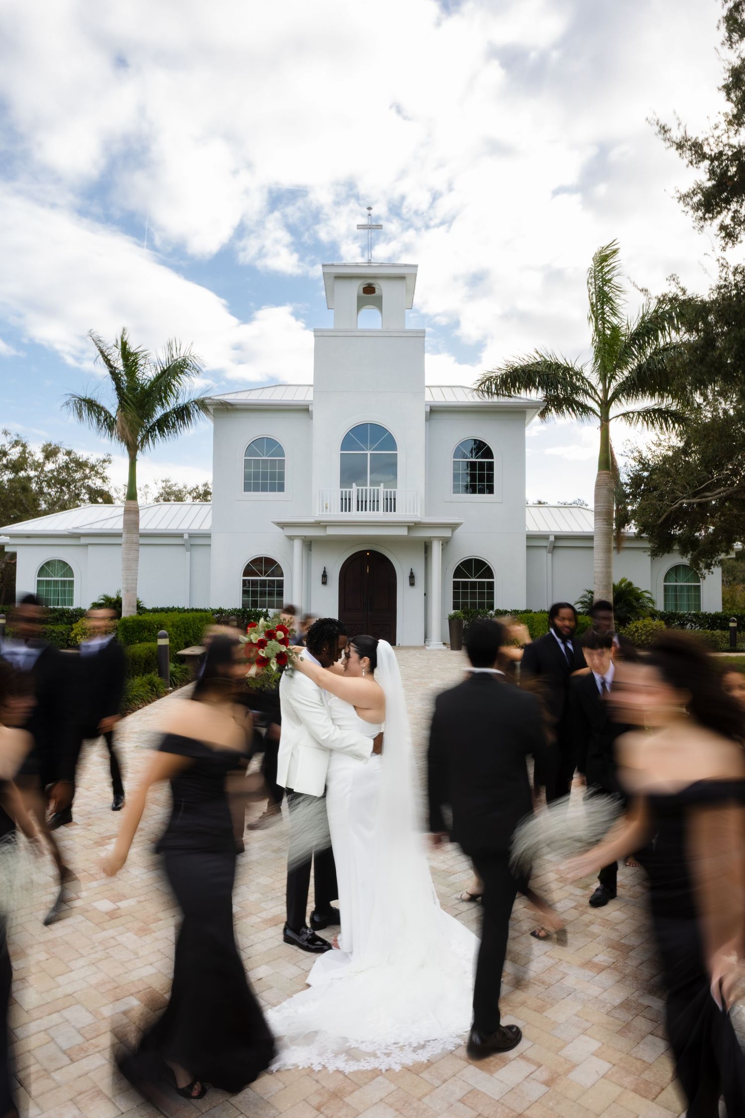 Trendy, artistic, emotional motion-blur bridal party at Harborside Chapel in Safety Harbor —wedding photographer Grand Photo, Karyna Oliinyk