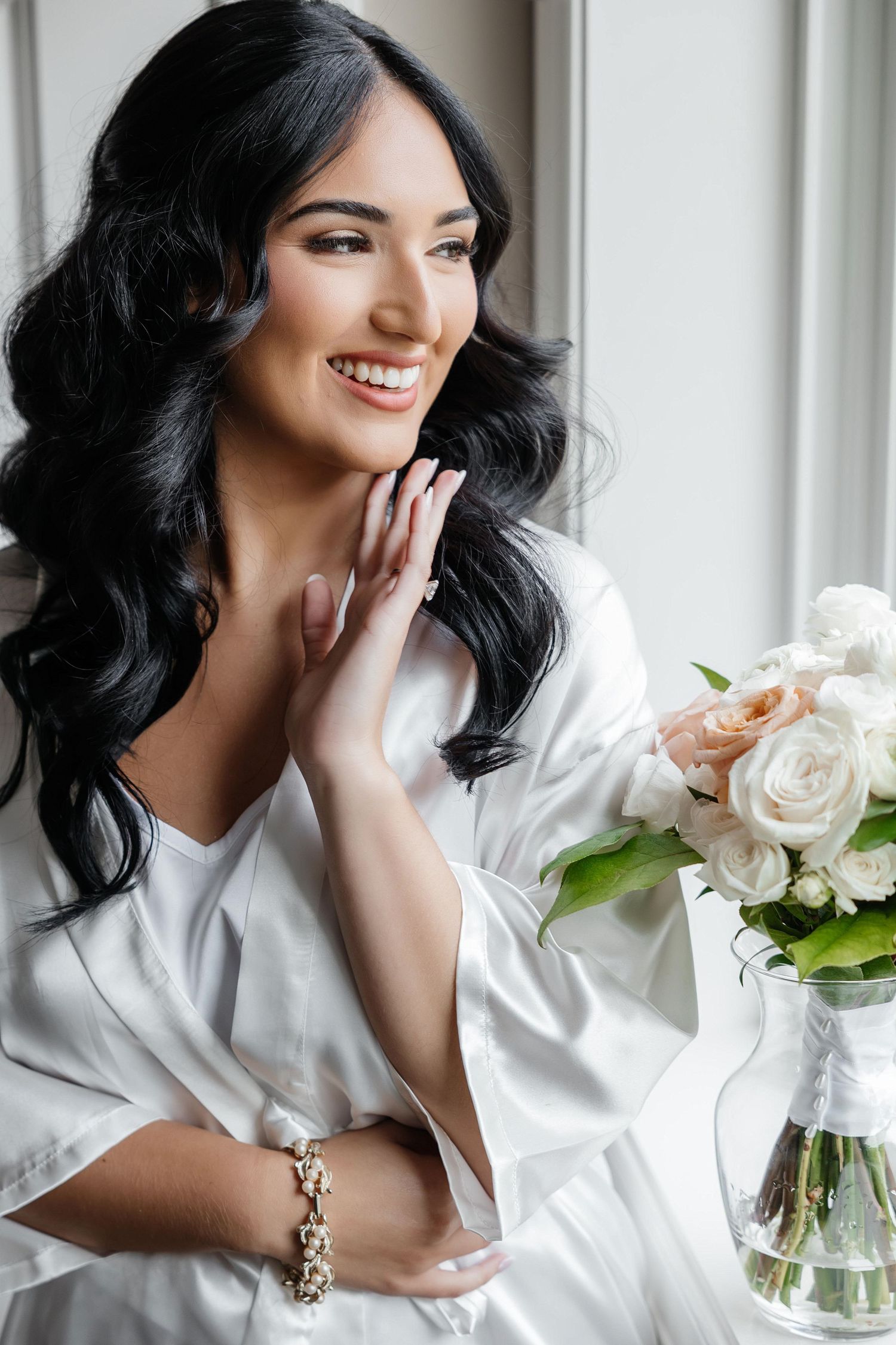 Bride getting ready portrait in silk robe with bouquet — Sarasota FL wedding photographer Grand Photo Karyna Oliinyk