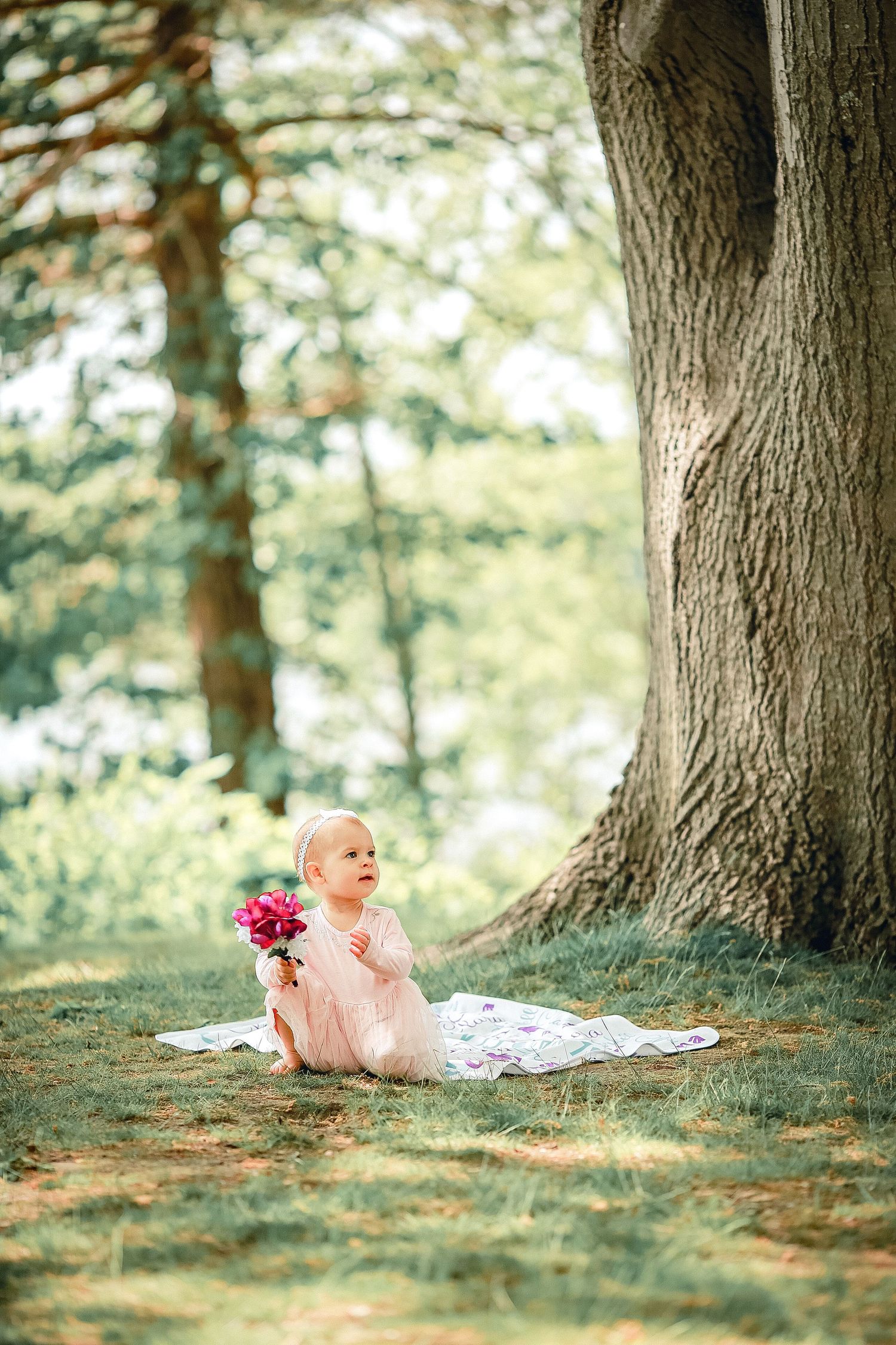 Adorable baby girl in pink dress sitting on a blanket beneath a large tree holding flowers.