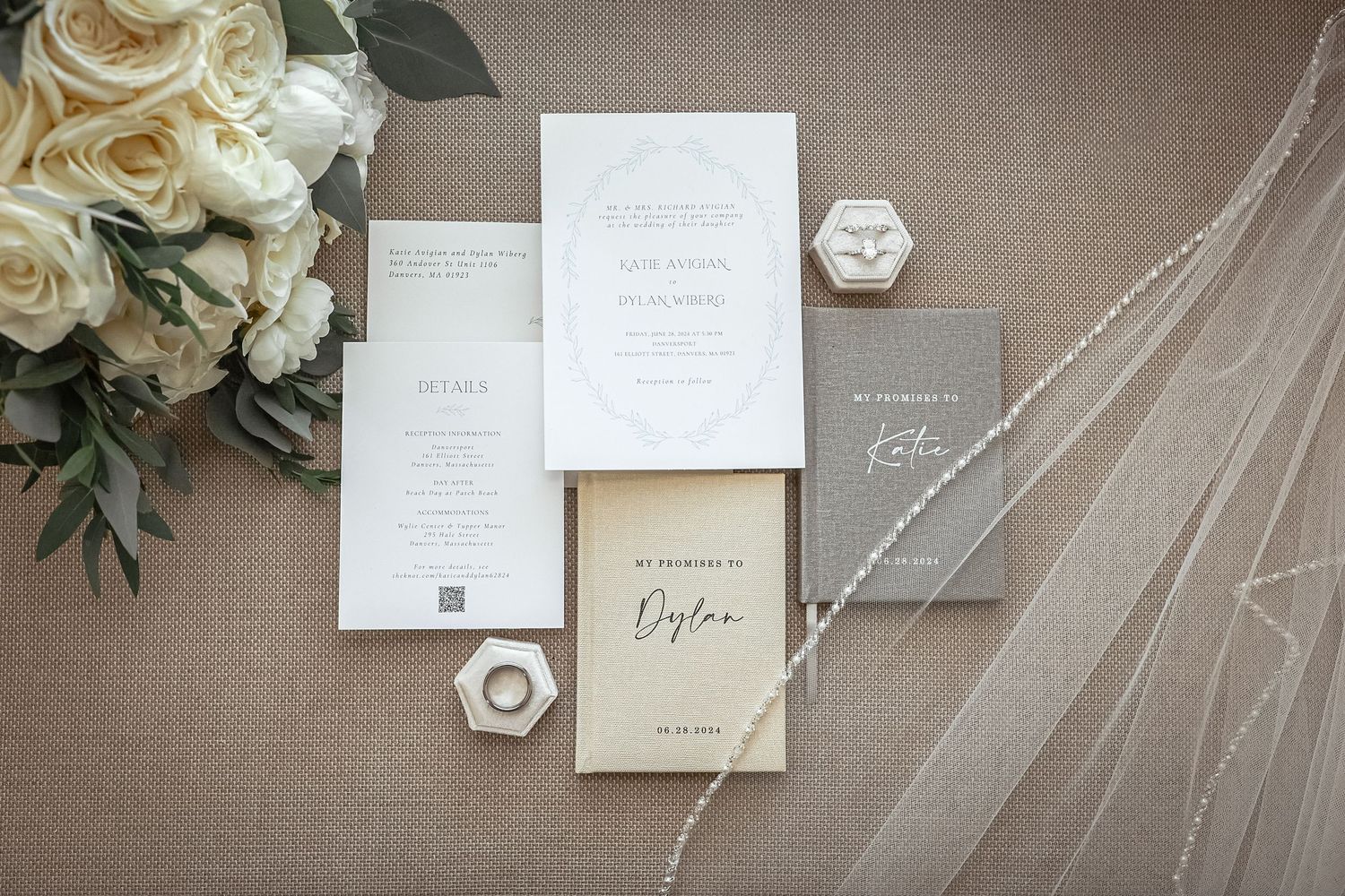 Elegant wedding stationery flat lay at Danversport in Danvers, Massachusetts, captured by Grand Photo by Karyna Oliinyk