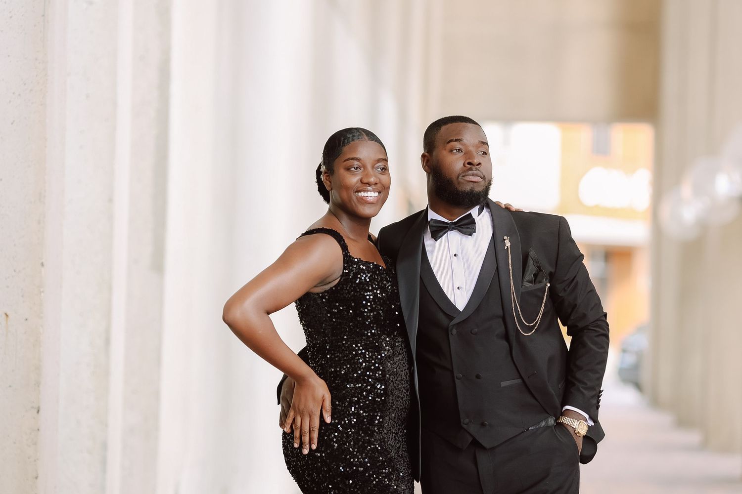 Stylish Black couple poses in black formal attire at Boston MA wedding photographer Grand Photo Karyna Oliinyk