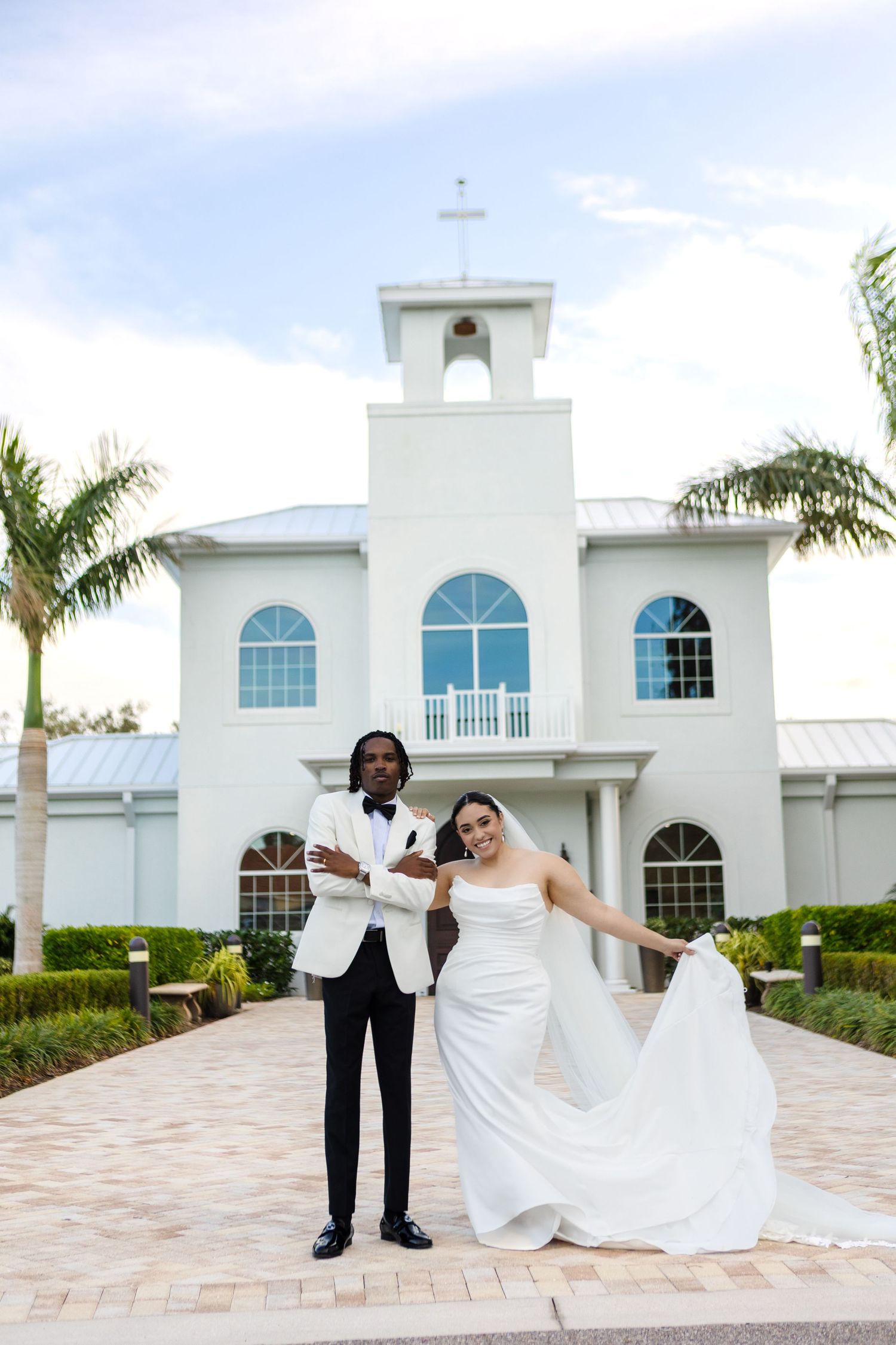 Elegant bride and groom portraits at Harborside Chapel in Safety Harbor, Florida, photographed by Grand Photo by Karyna Oliinyk