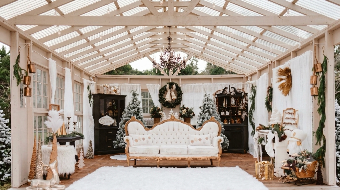 Elegant greenhouse Christmas setup for mini sessions in Tampa Bay, Florida