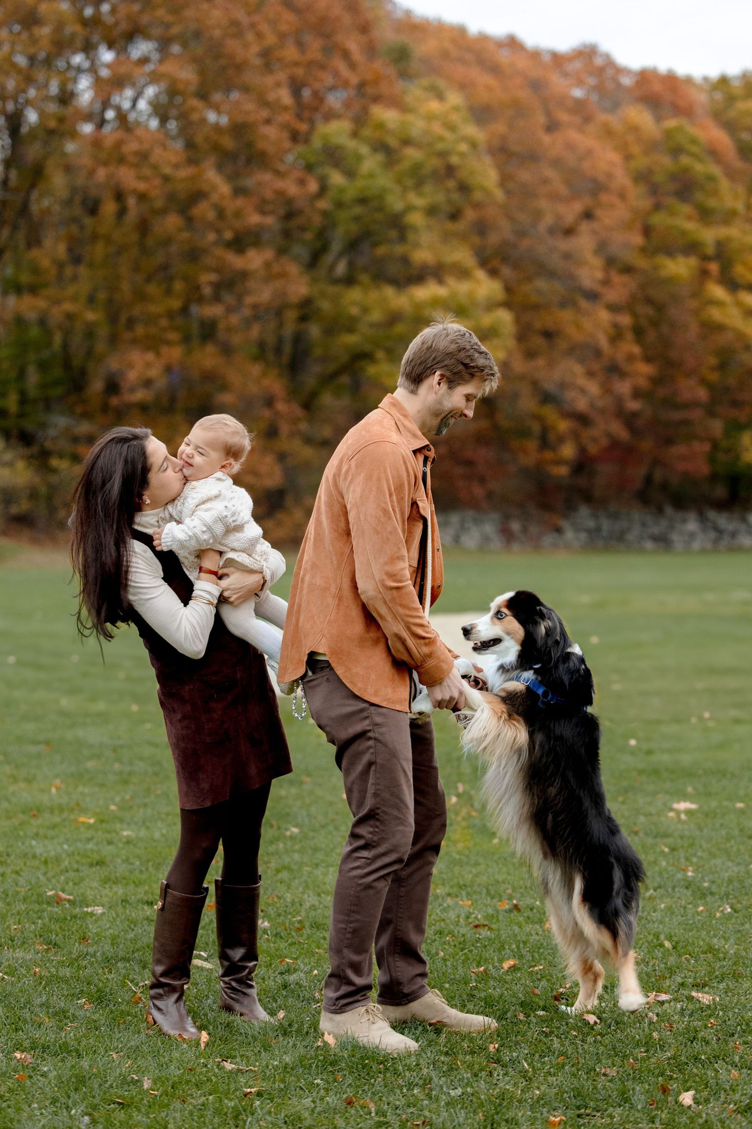 Family with baby and border collie dog playing in autumn park.