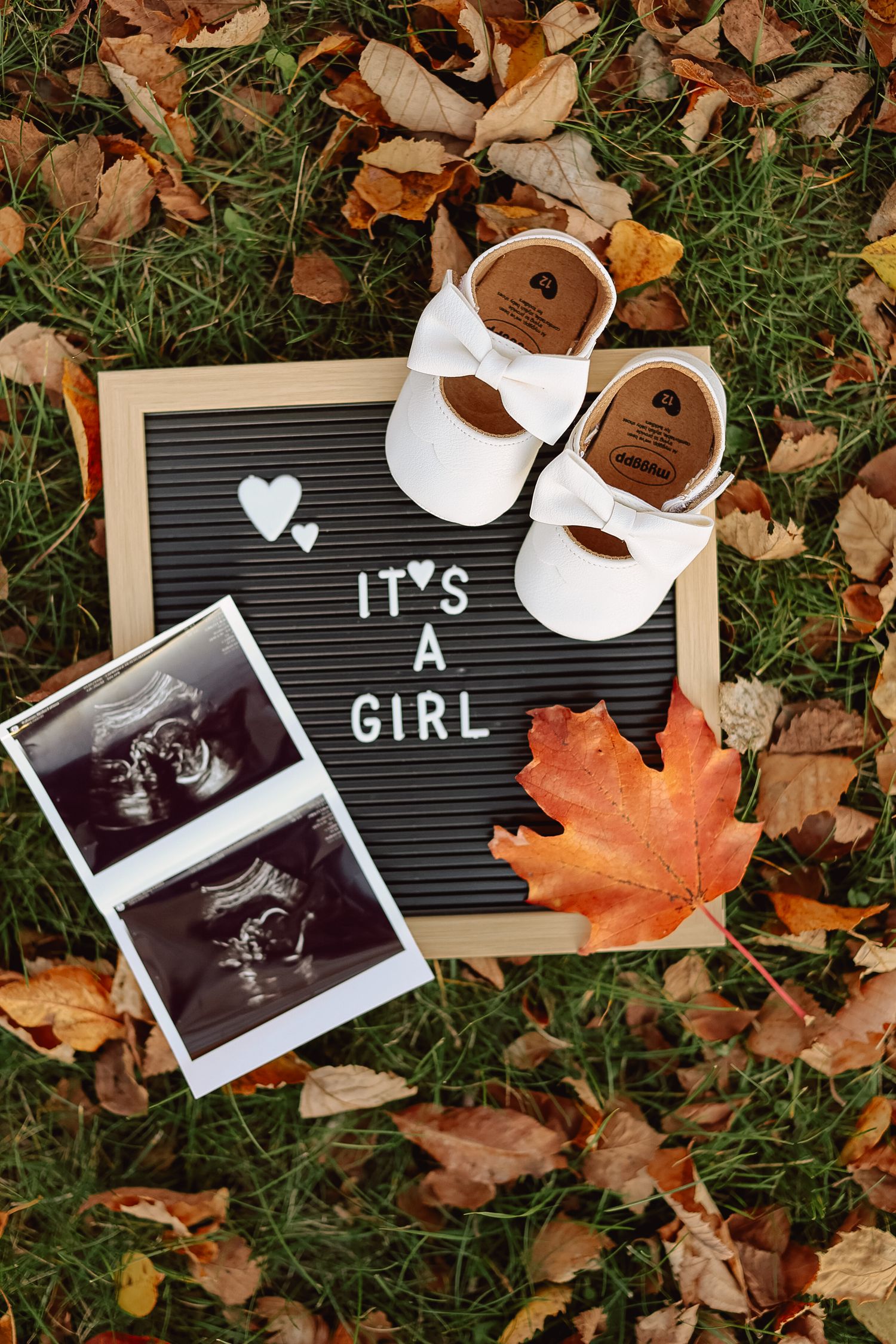 Gender reveal flat lay with Its A Girl letterboard, ultrasound photos, and baby shoes on autumn leaves.