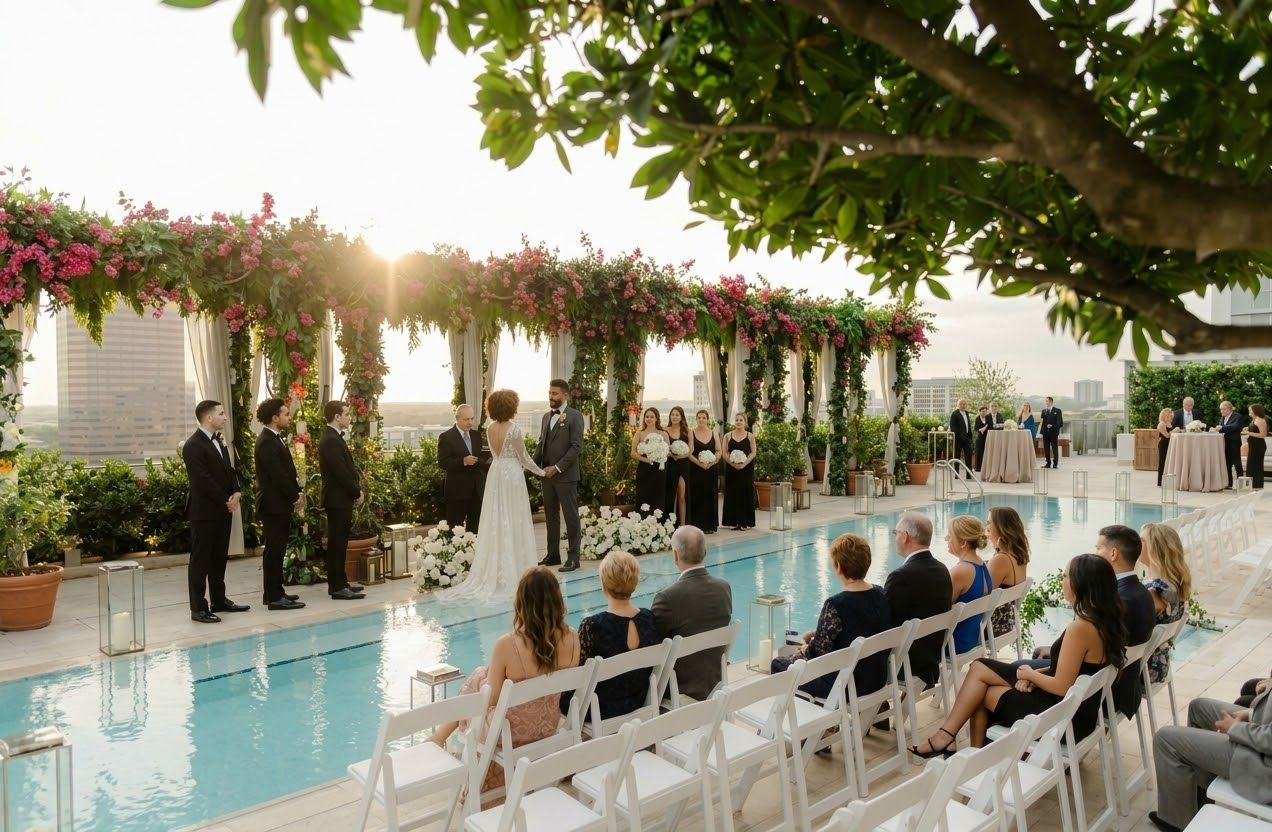 Elegant outdoor wedding ceremony beside a pool with floral arch, white chairs, and lush greenery in warm sunlight.