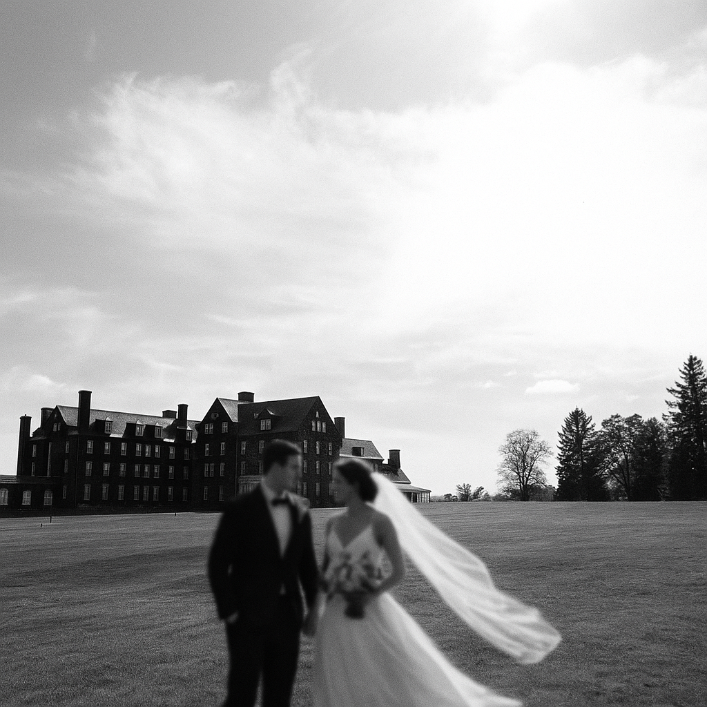 A black and white wedding photo shows a couple walking on a sprawling lawn with a historic mansion in the background.