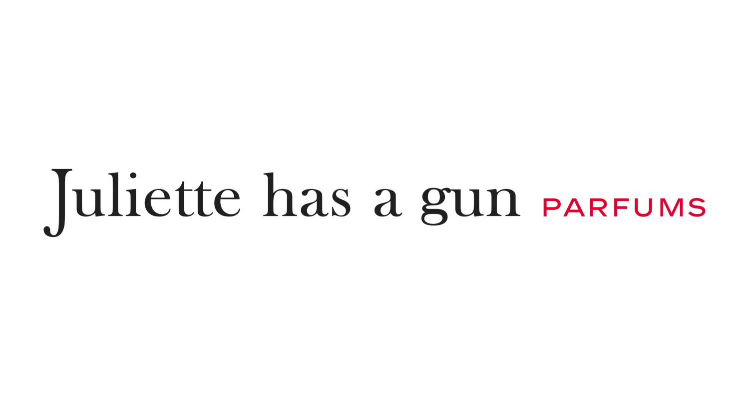 Black and white minimalist logo for Juliette Has a Gun parfums with stylized text against dark background.