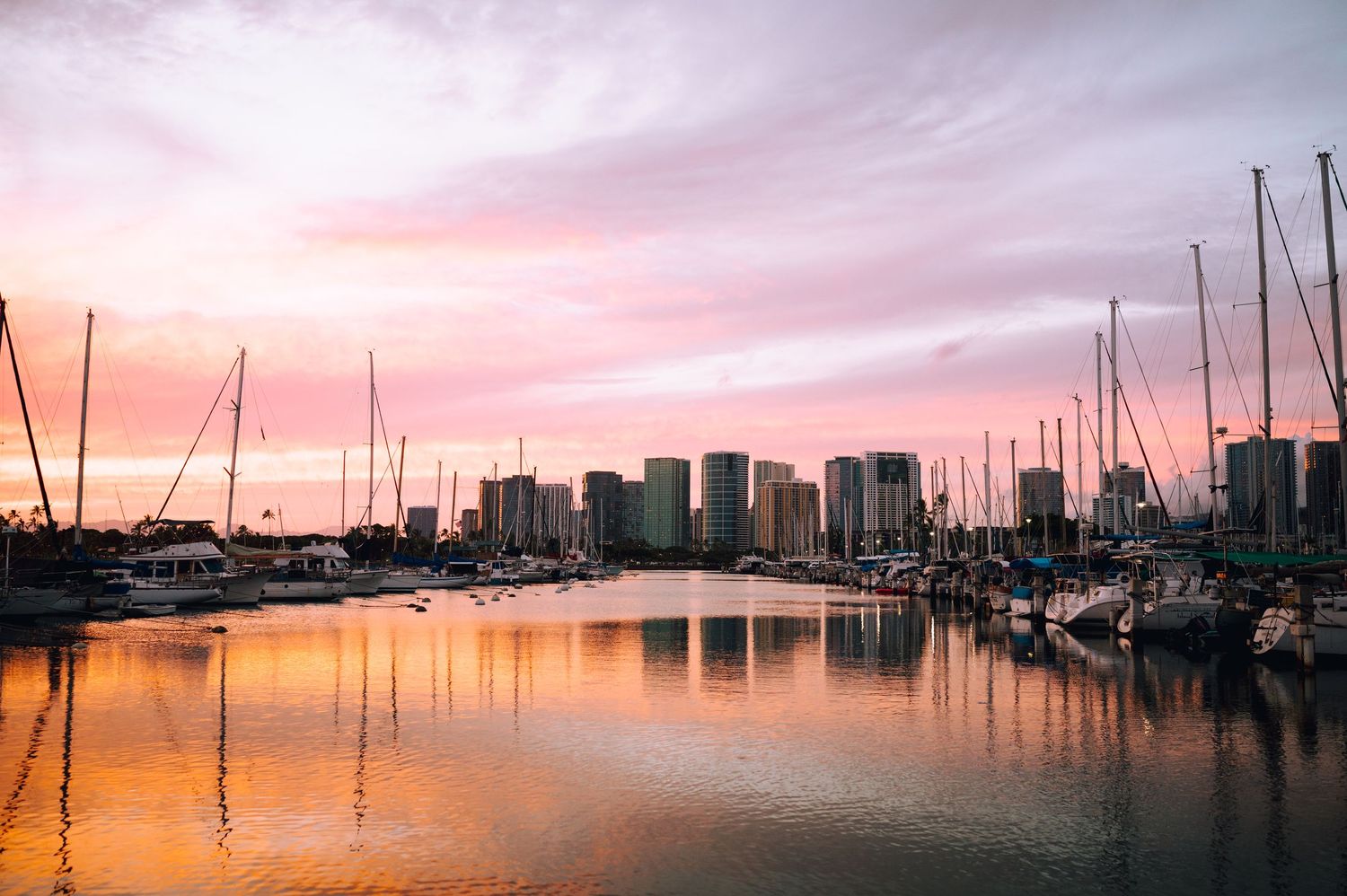 Boats docked at a marina with city skyline silhouetted against a pink and orange sunset.