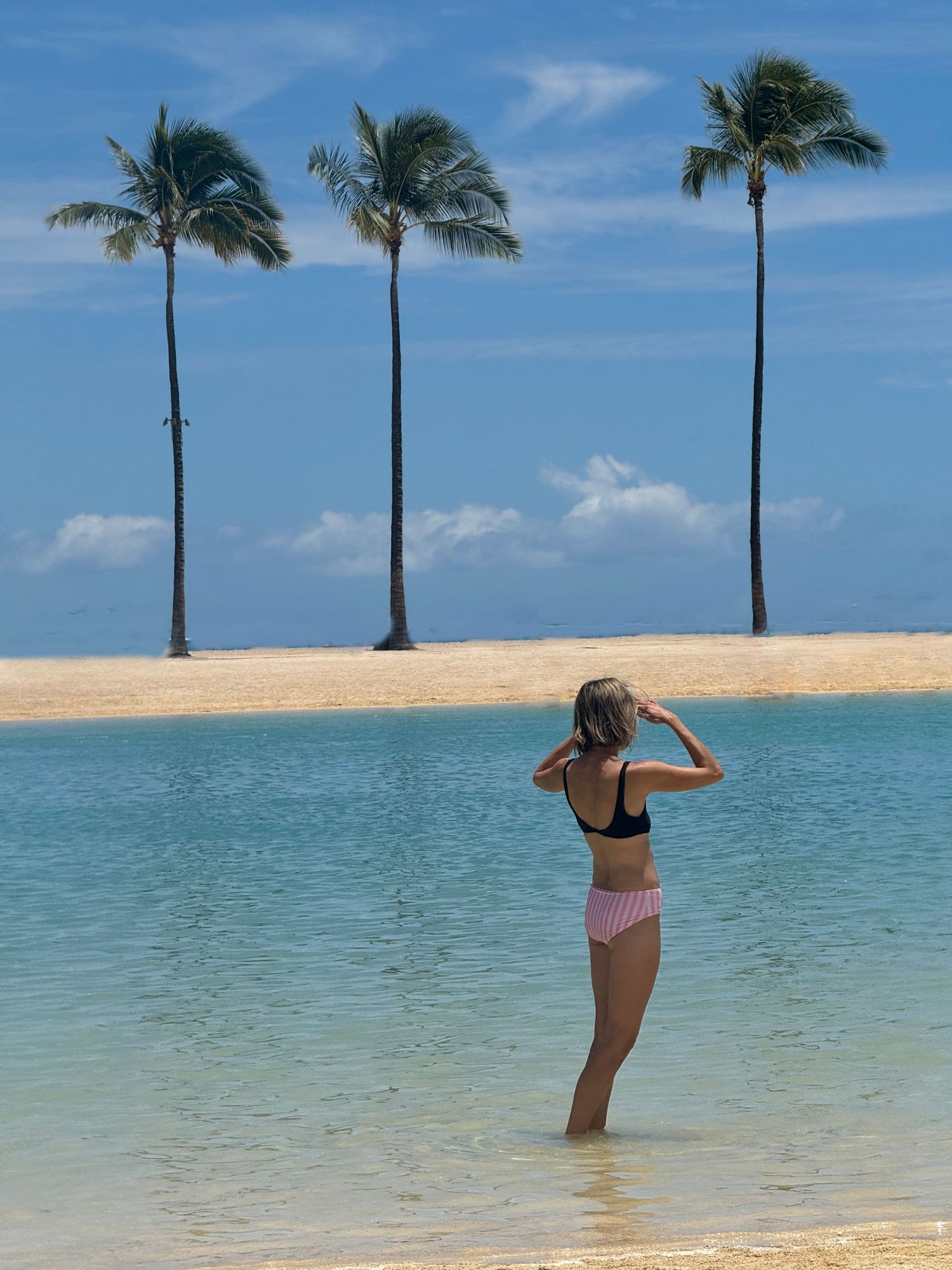 Three tall palm trees line a tropical beach with turquoise waters and white sand.