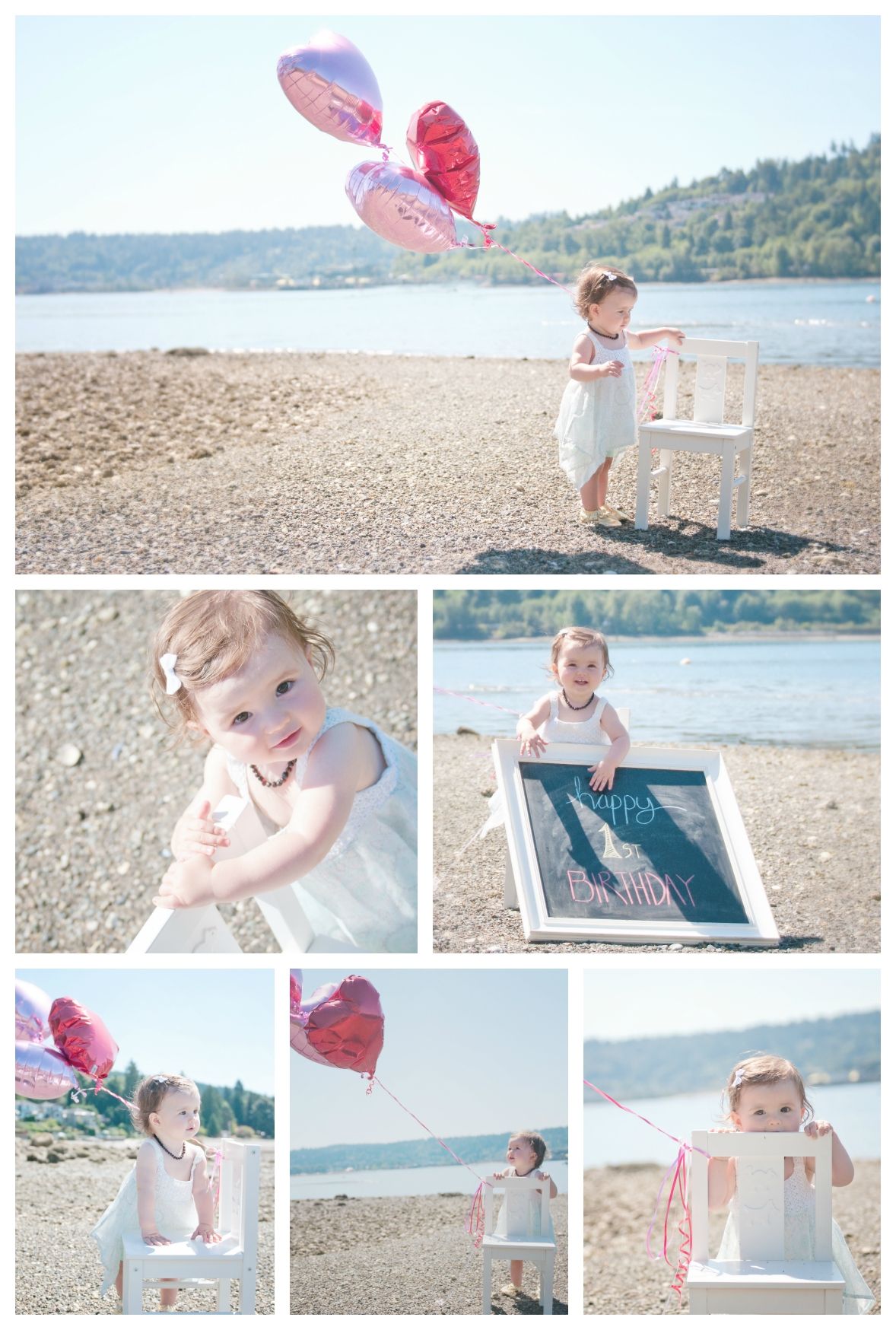 Beach photo collage with heart balloons and white frame props.