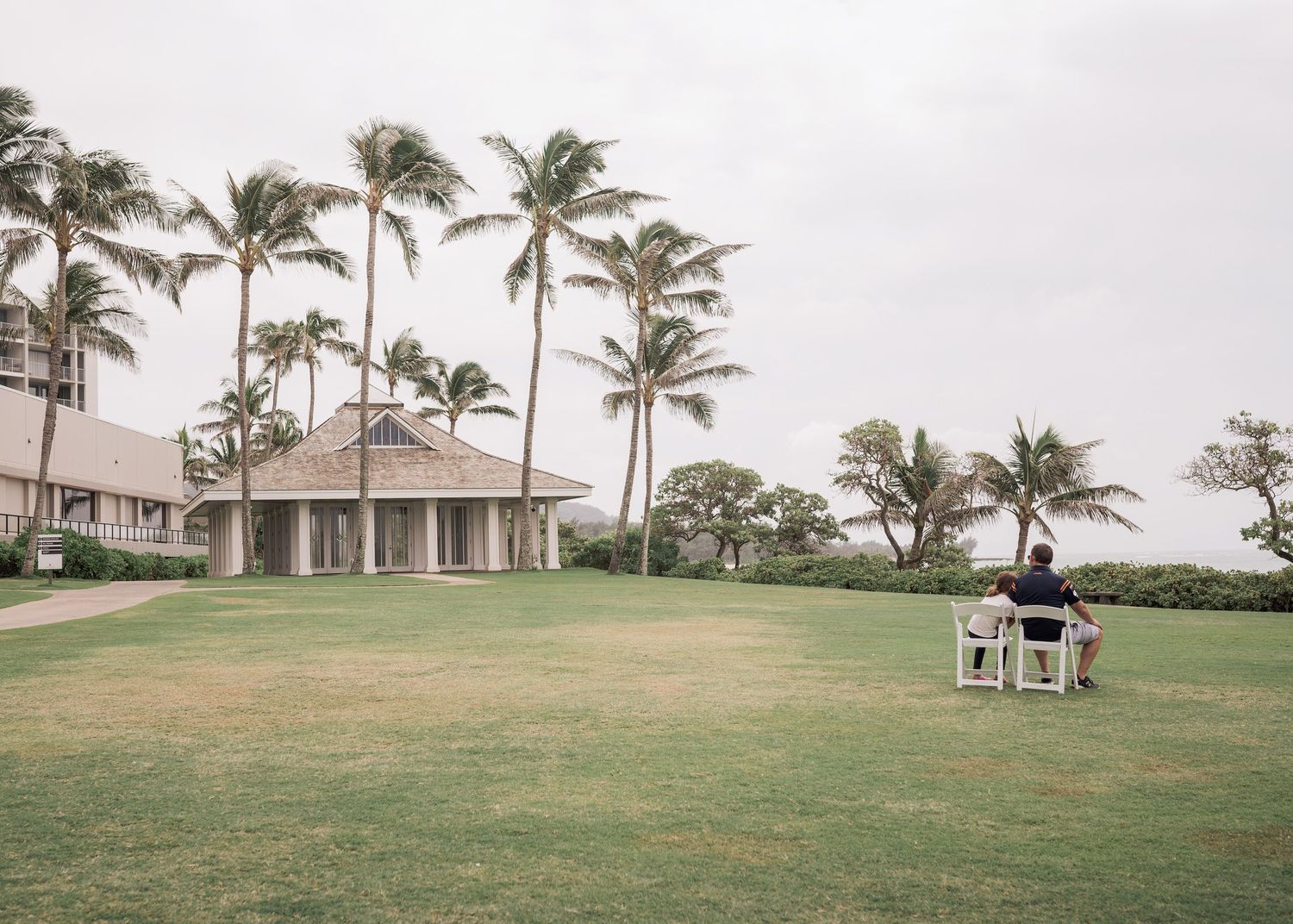 A tropical beachfront property with palm trees and a gazebo on a grassy lawn.