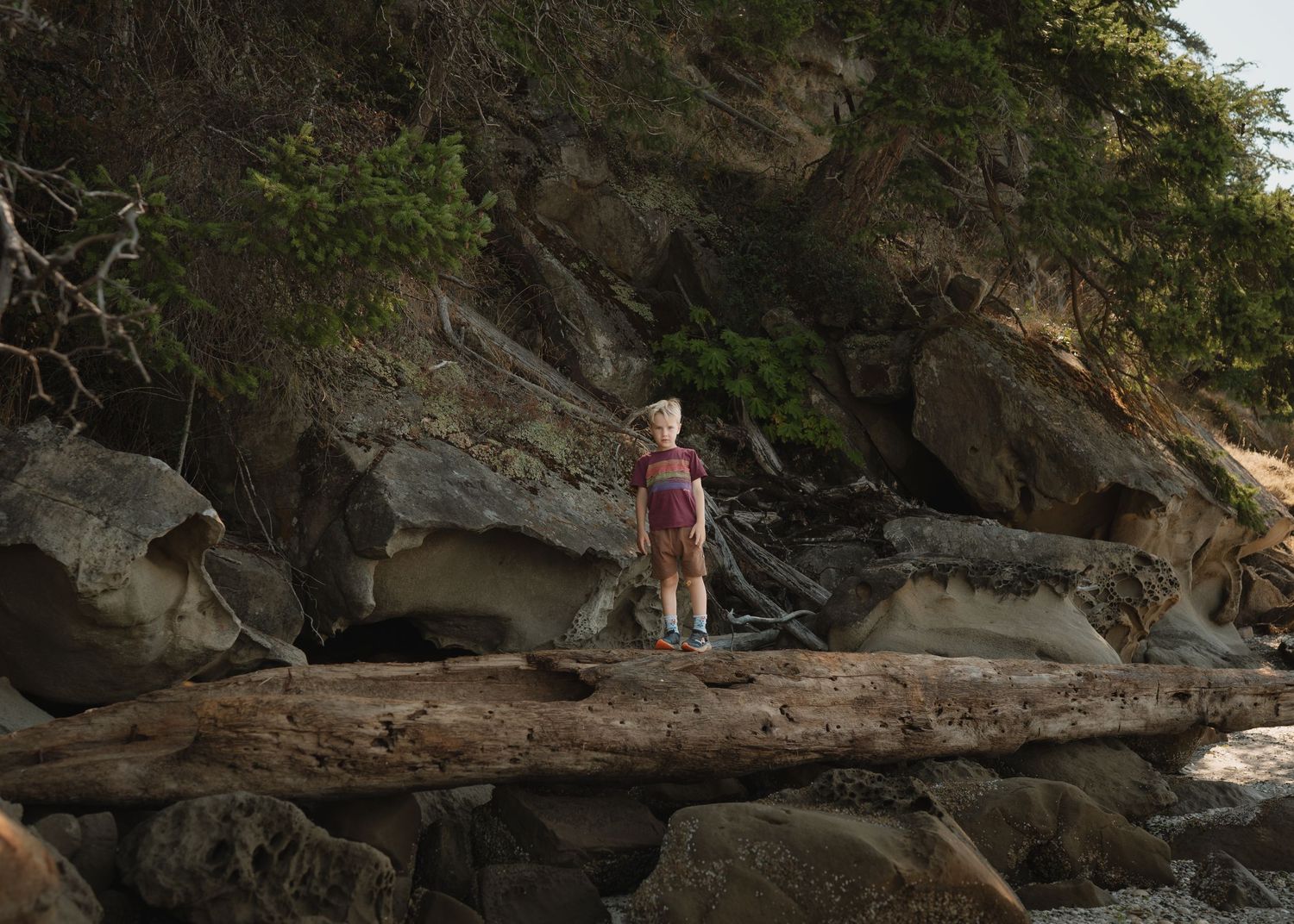 A young child in a red shirt stands on a large driftwood log in front of a mossy rock cliff and green trees.