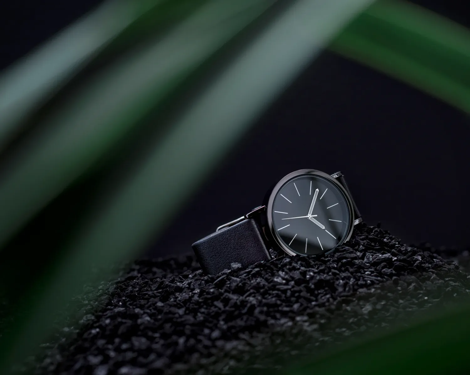 Black minimalist wristwatch rests on dark volcanic gravel, framed by blurred green leaves in a moody product photograph.