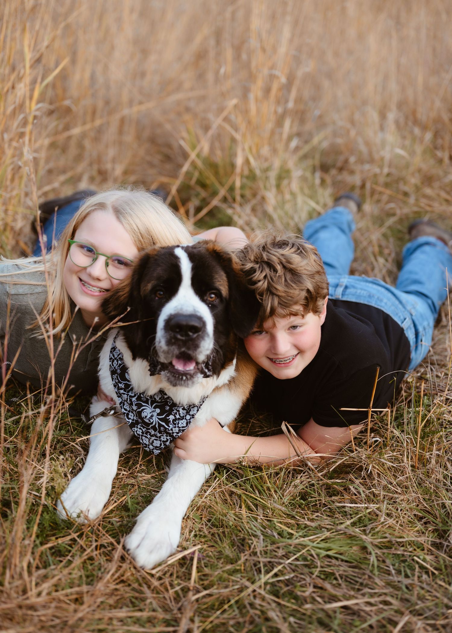 Two children lying in golden grass with a Saint Bernard dog wearing a bandana during an outdoor fall photo session.