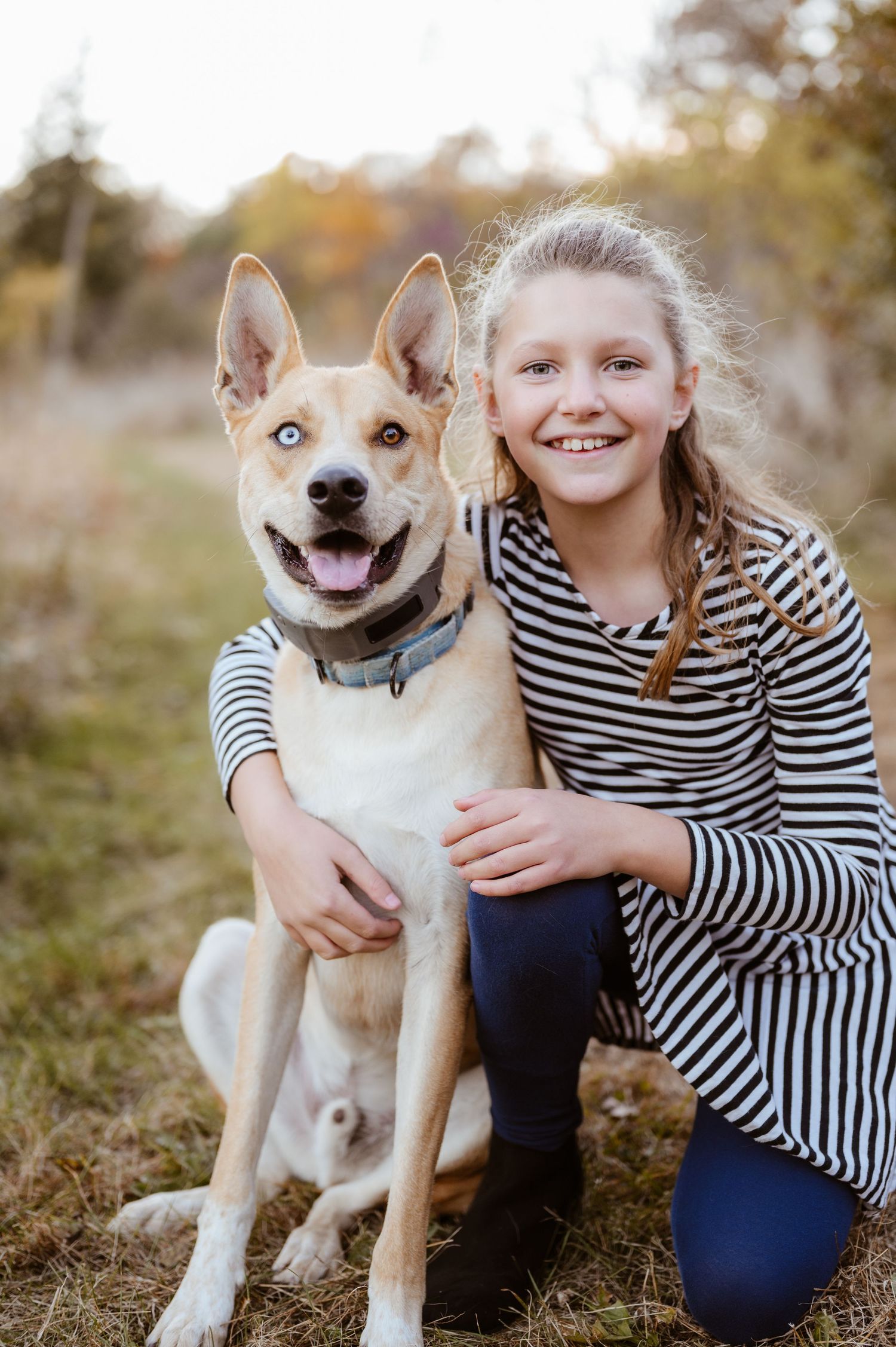 Smiling girl in striped shirt crouching beside a tan and white dog with blue eyes outdoors.