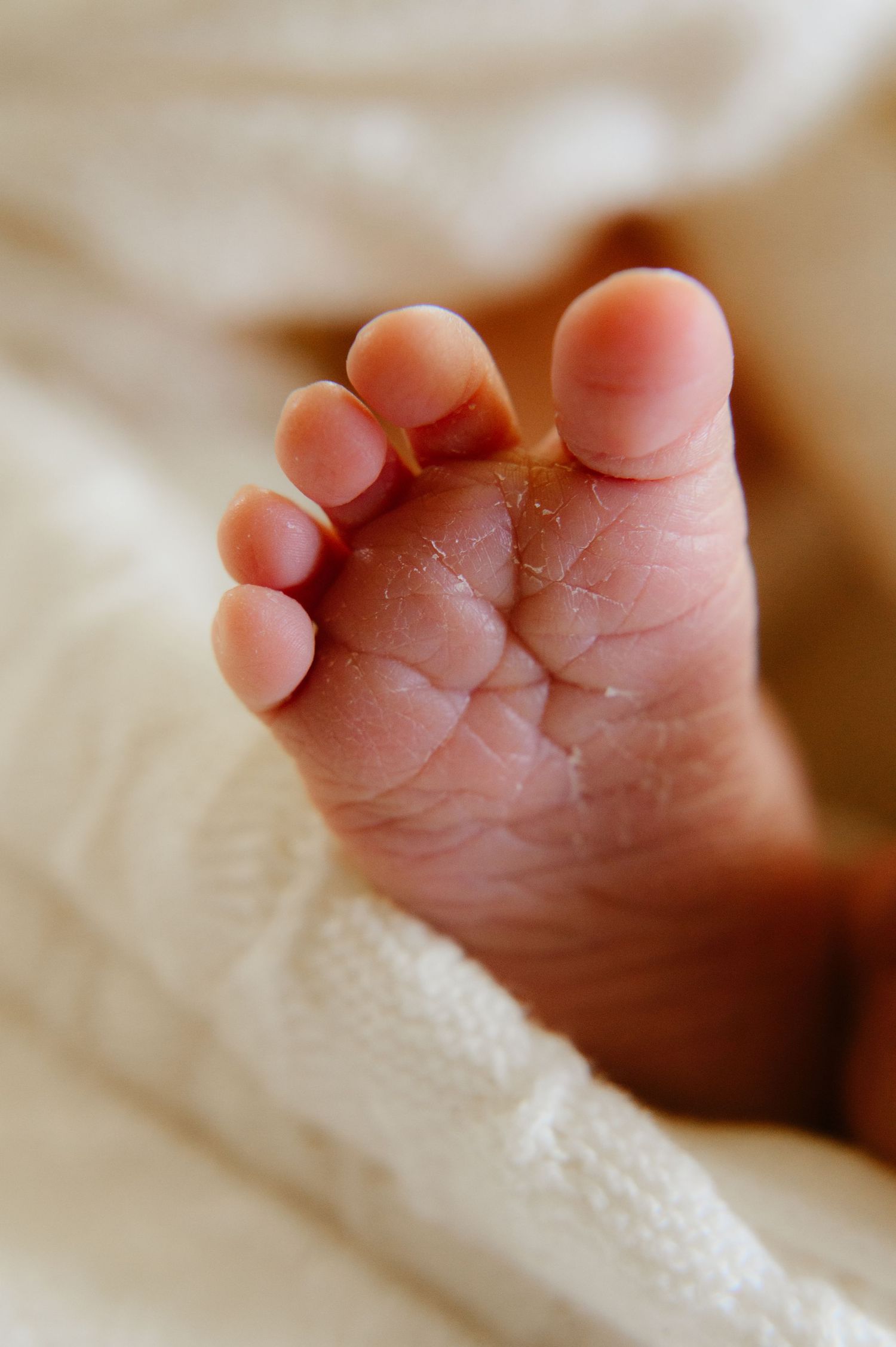 Close-up of a newborn baby's tiny foot resting on a soft white blanket, showing delicate wrinkled skin and small toes.