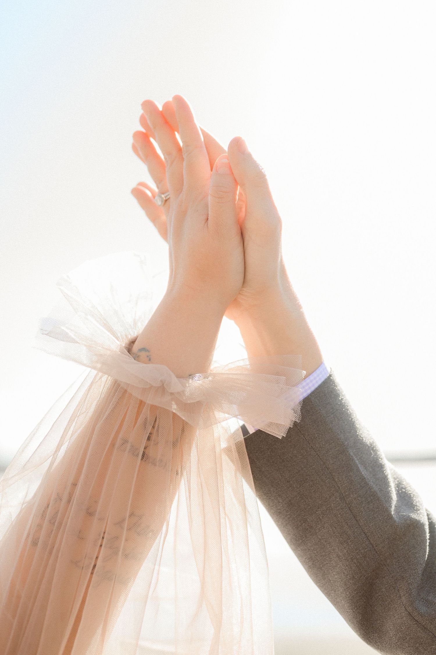 Bride and groom raising joined hands against a bright sky, bride wearing sheer tulle sleeve.