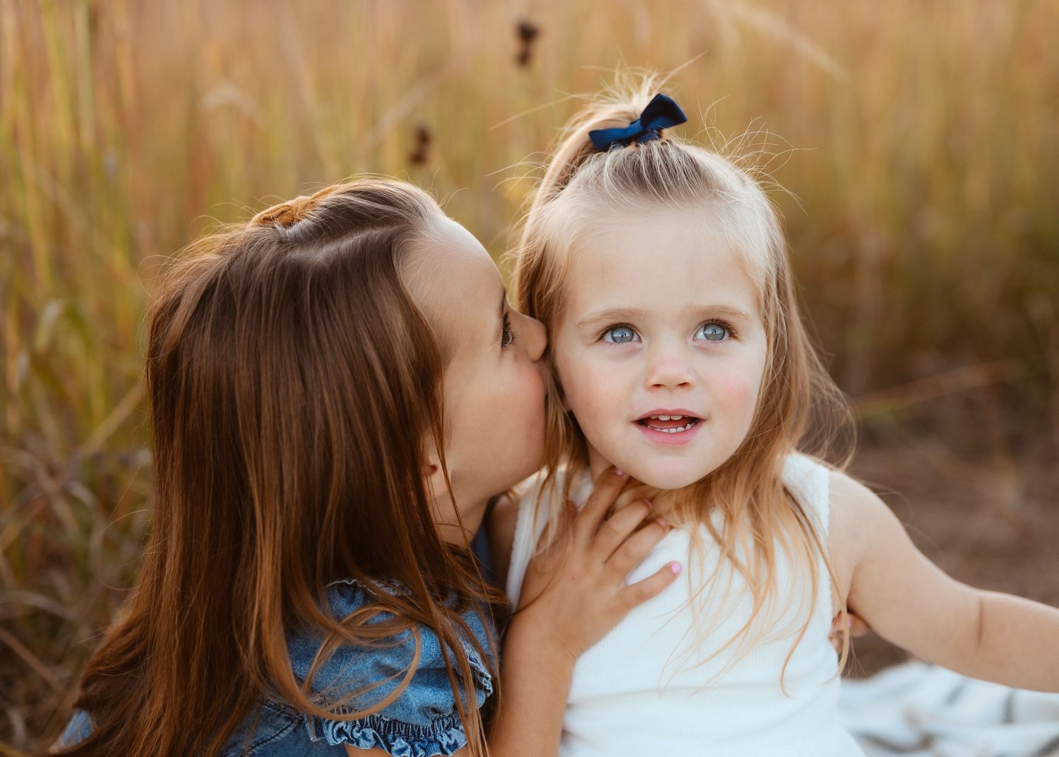 Two young girls share a sweet kiss on the cheek in a golden field. Minneapolis Family Photoshoot.