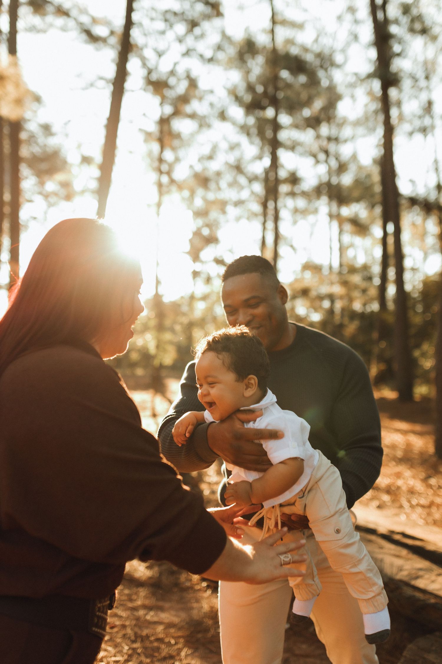 A joyful family with a laughing baby enjoying a golden sunset in a pine forest.