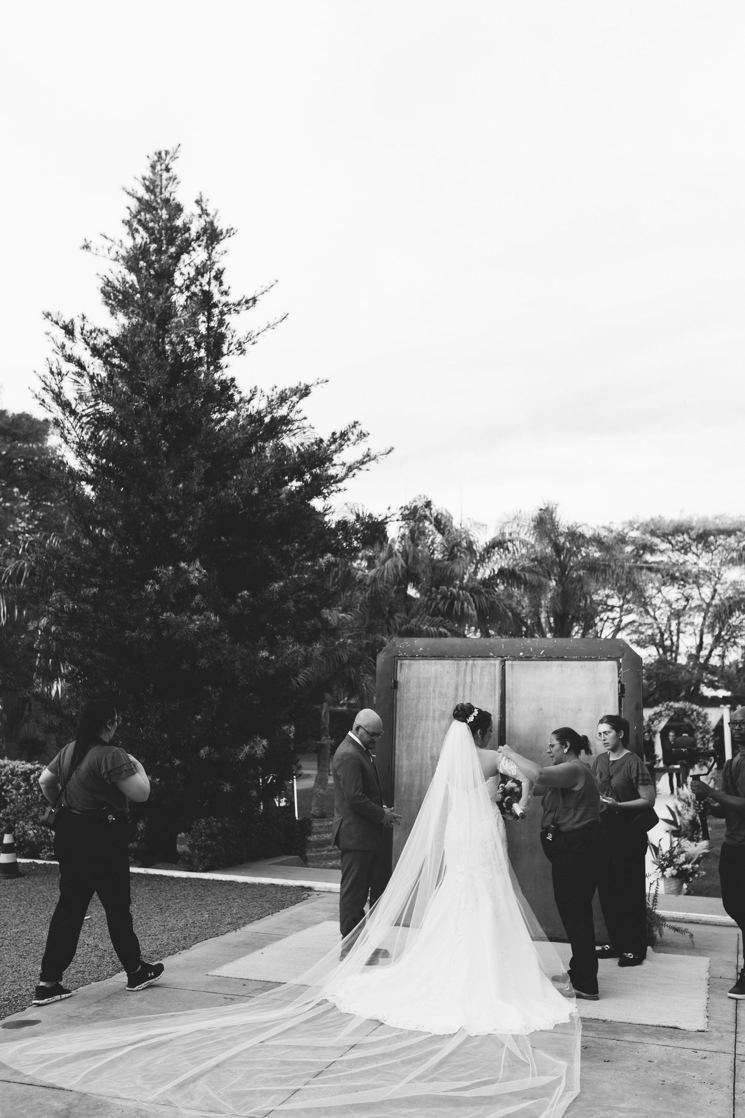 Black and white photo of bride with long veil preparing to walk down aisle outdoors.