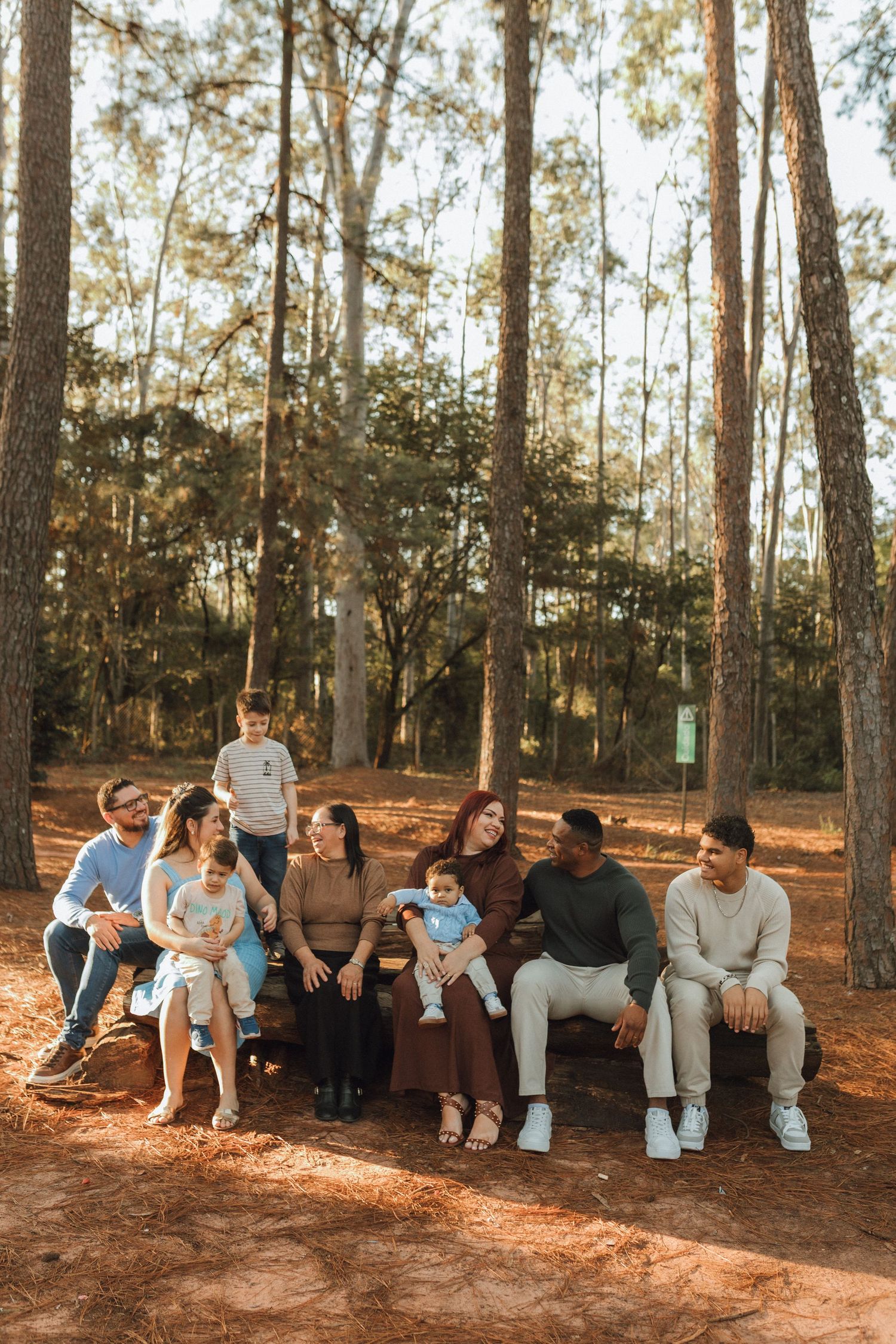 A diverse family group poses on a bench in a sunlit pine forest, smiling and holding babies outdoors.