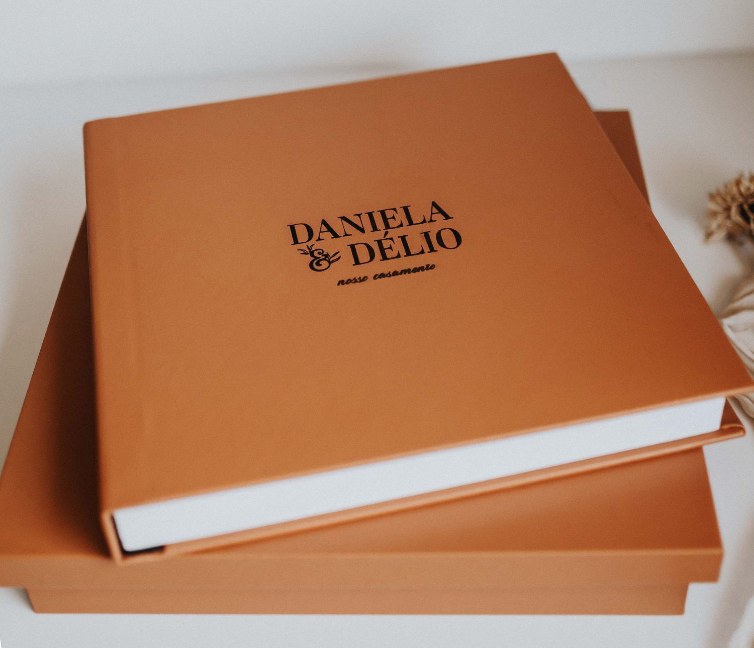 Elegant tan leather wedding photo album for Daniela and Delio sitting on matching keepsake box.