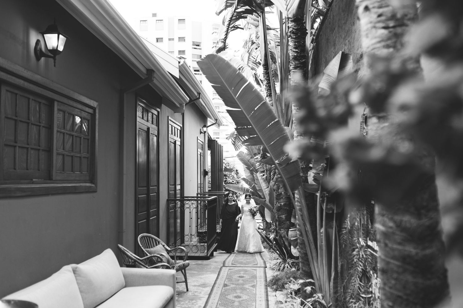 Black and white photo of bride in wedding dress walking through a narrow garden pathway.