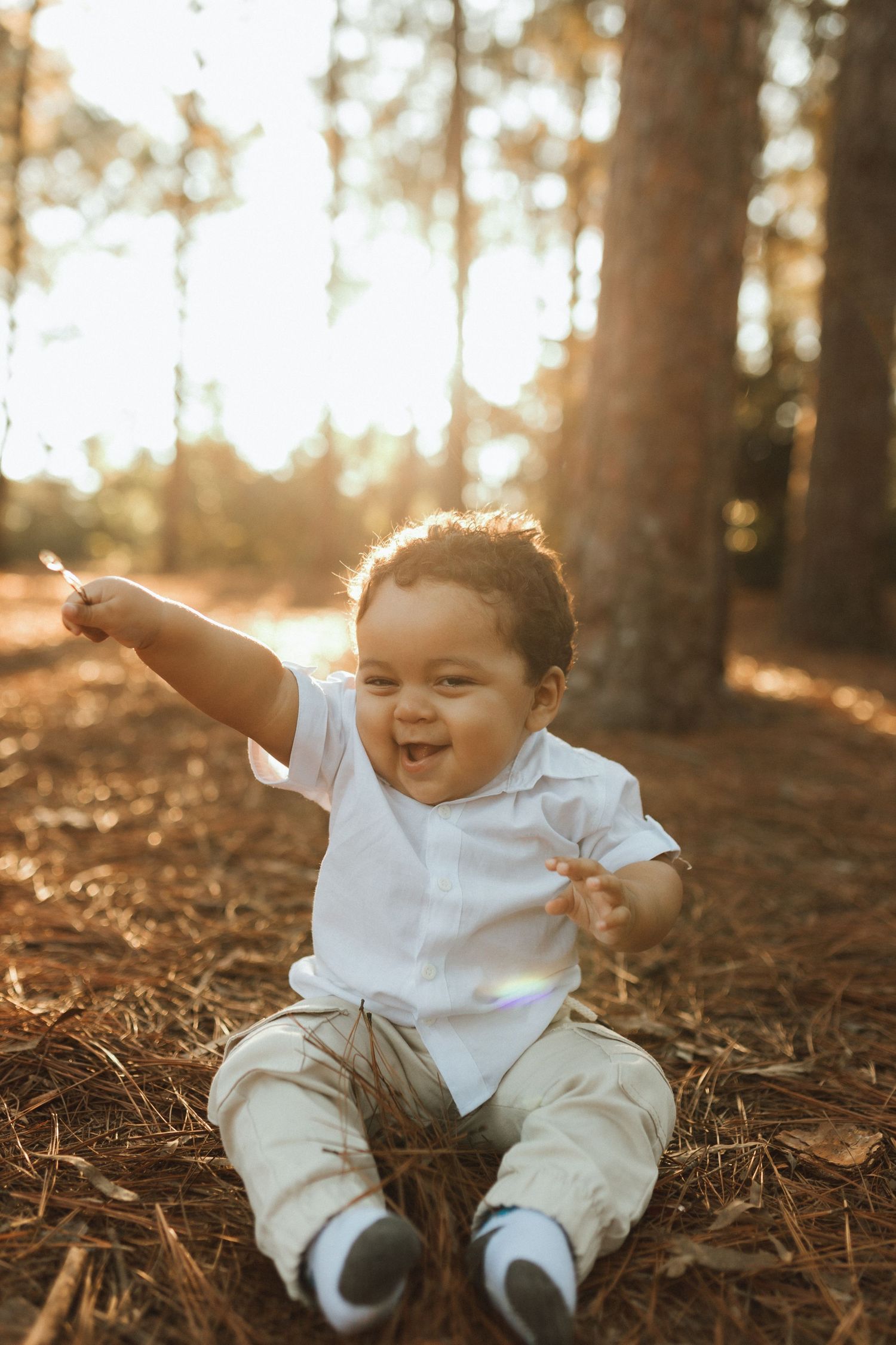 Happy baby boy sitting on pine needles in a sunlit forest, wearing a white shirt and khaki pants.