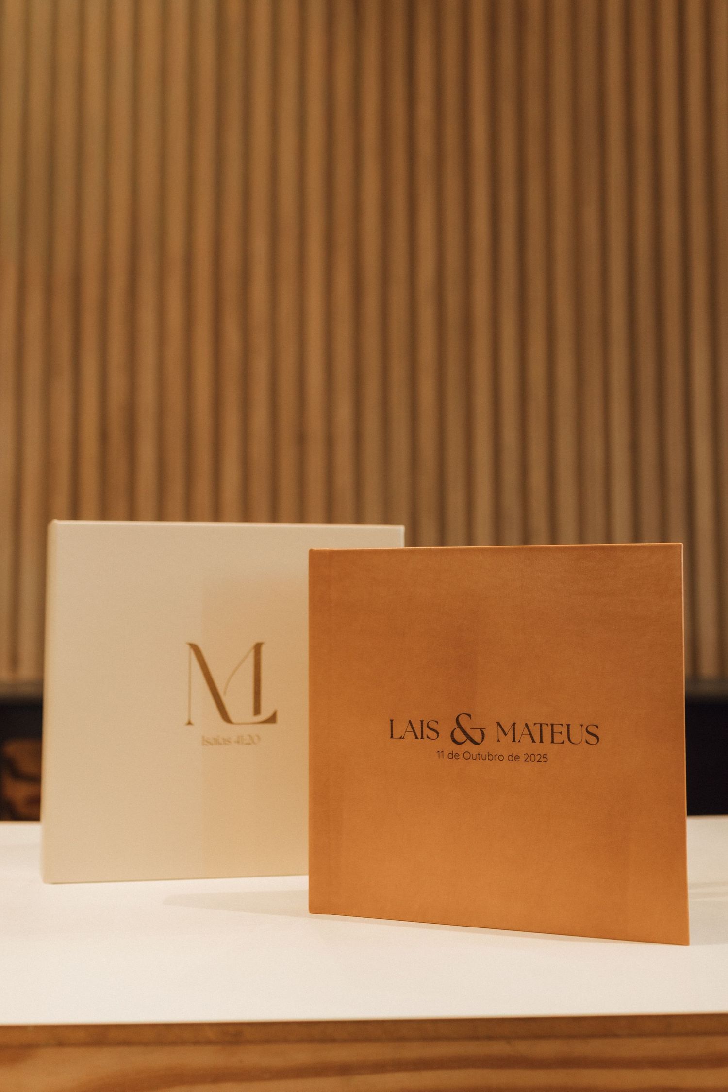 Elegant wedding stationery set featuring two square cards for Lais and Mateus, dated October 11, 2025.