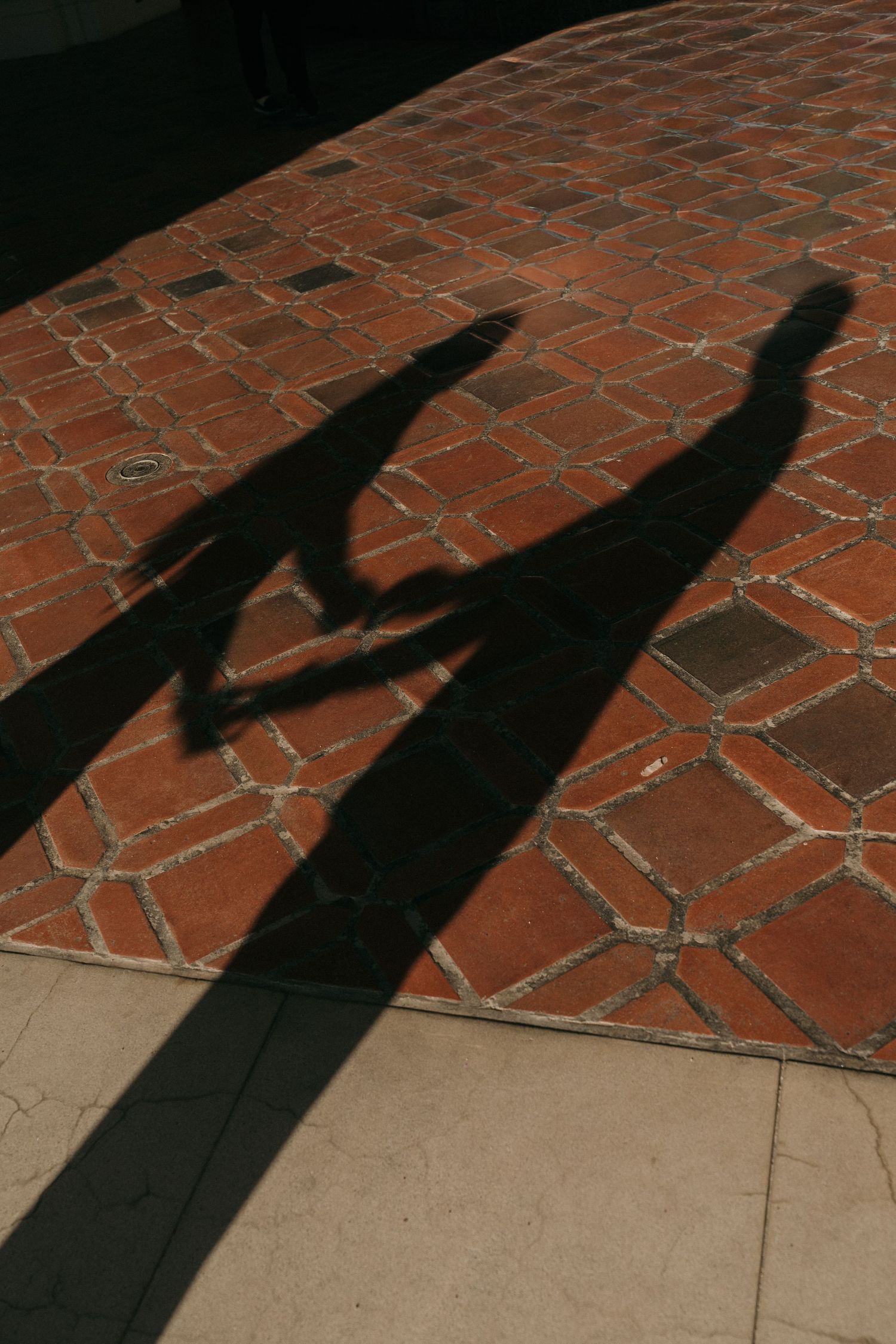 Shadow silhouette of a couple cast on a red brick paved walkway at Pasadena City Hall during their Engagement Photography session.
