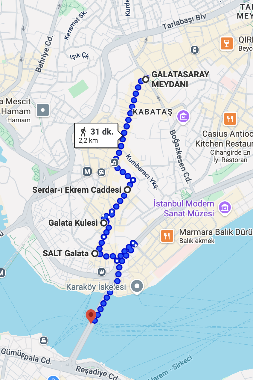 A map illustrating a 31-minute walking path from Galatasaray Square through Beyoğlu down to the Galata Bridge in Istanbul.