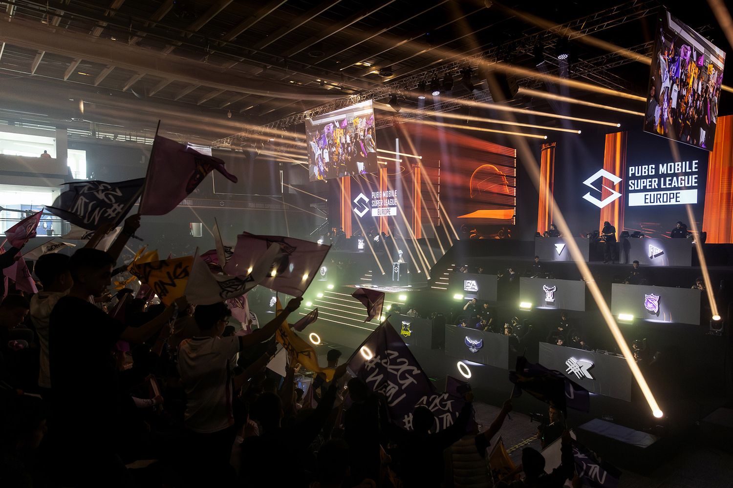 Excited fans waving team flags in a packed arena during the high-energy PUBG Mobile Super League esports tournament in Istanbul.