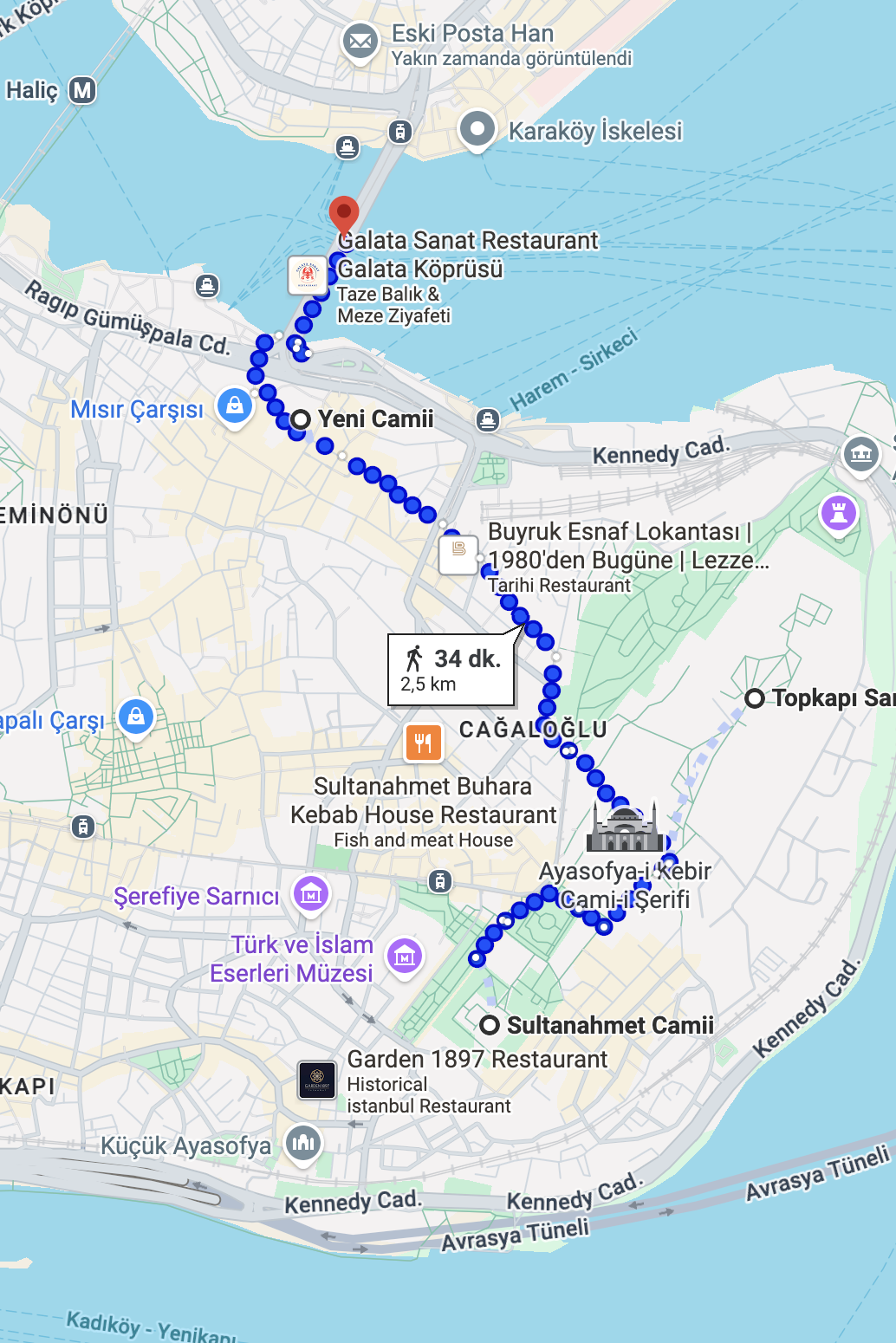 A map showing a scenic 34-minute walking route from the historic Sultanahmet area to the Galata Bridge in Istanbul.