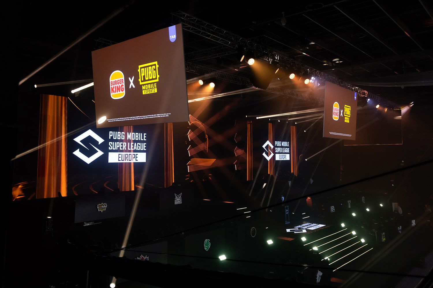 Wide-angle shot of the impressive stage production and branding for the PUBG Mobile Super League Europe sponsored by Burger King.