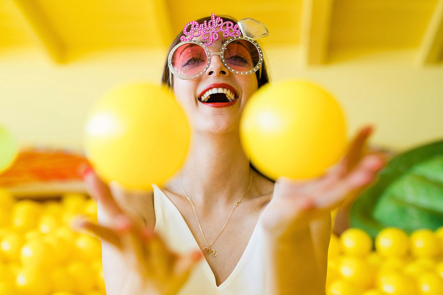 Joyful bride wearing 