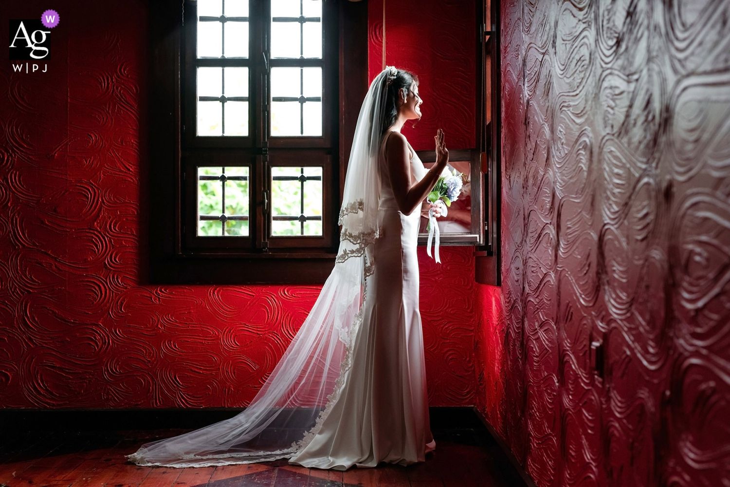 AG WPJA award-winning dramatic portrait of a bride in a long flowing veil looking out a window in a deep red, textured room.