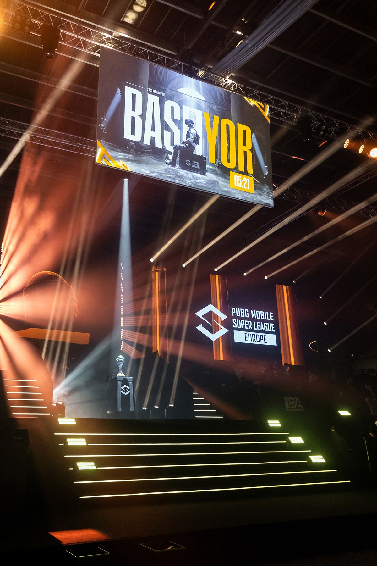 Dramatic stage lighting, large screens, and high-end production design for the PUBG Mobile Super League Europe esports tournament.