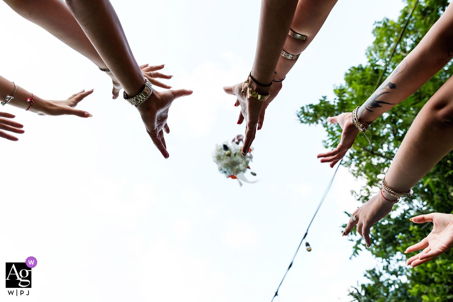 AG WPJA award-winning dynamic low-angle action shot of women's hands reaching up into the sky to catch a flying bridal bouquet.