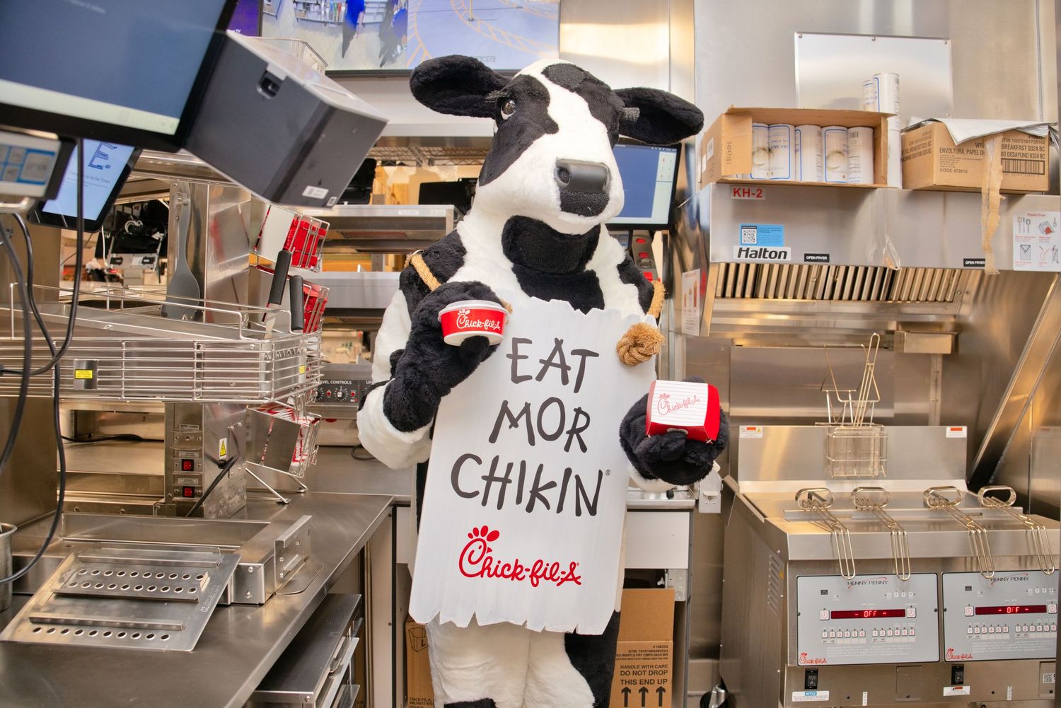 Chick-fil-A cow mascot holding an Eat Mor Chikin sign inside the restaurant kitchen.