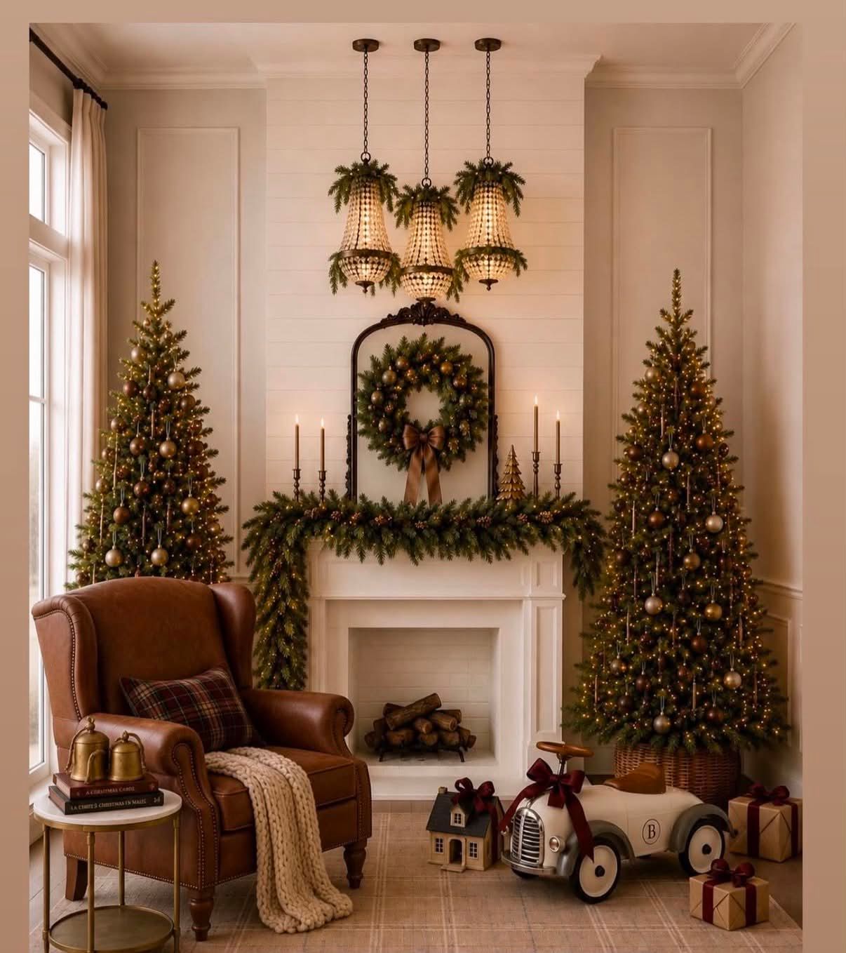 Cozy Christmas living room with two decorated trees flanking a garland-draped fireplace, leather armchair, and elegant chandelier.