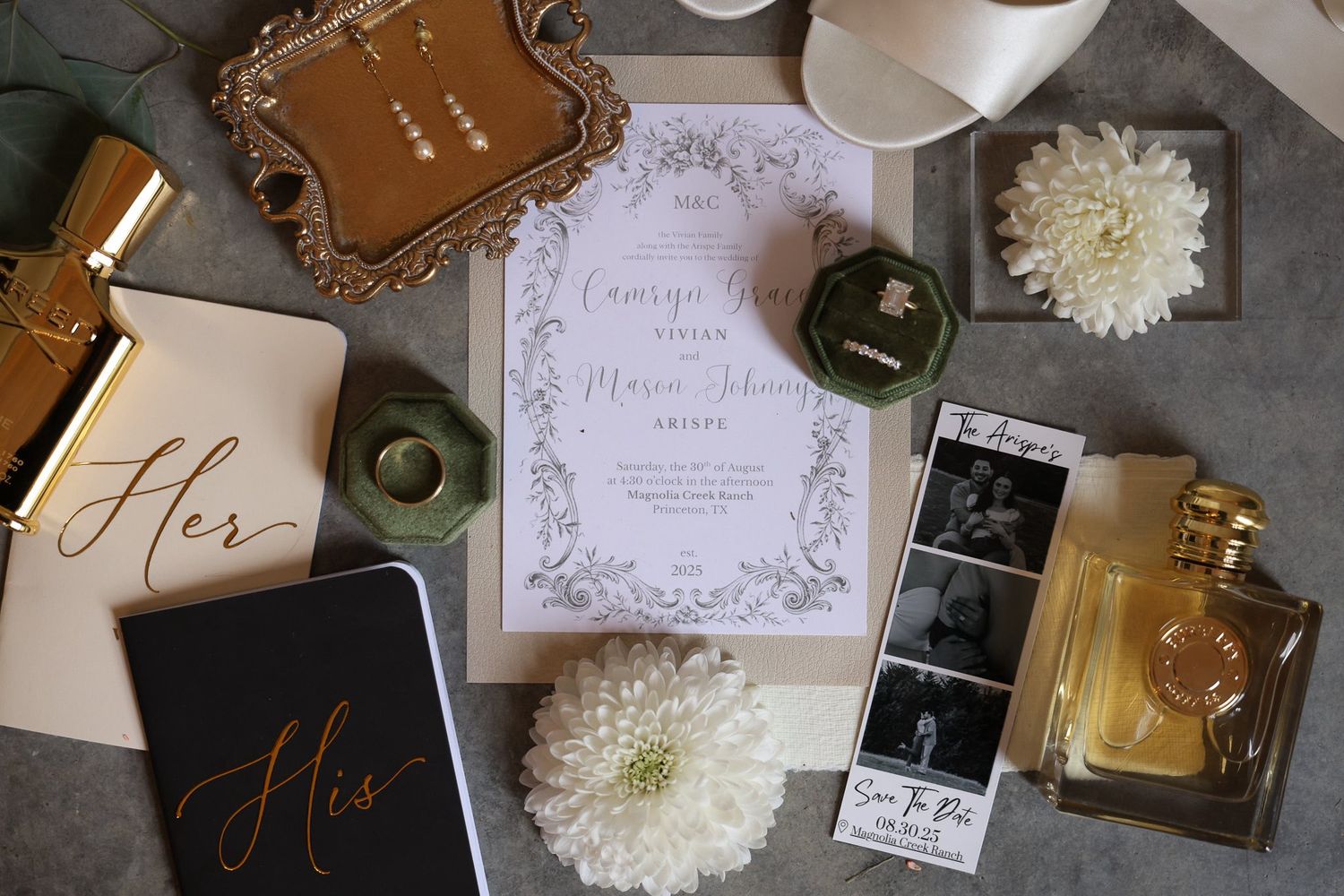 Elegant wedding invitation suite with floral details, rings, earrings, and gold His and Hers accessories.
