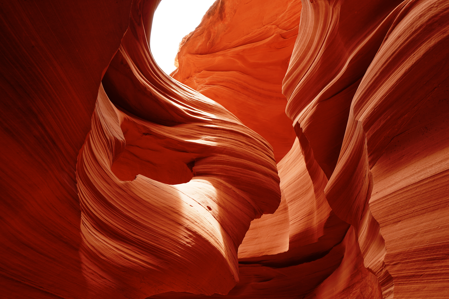 Stunning orange and red sandstone wave formations inside Antelope Canyon slot canyon in Arizona.