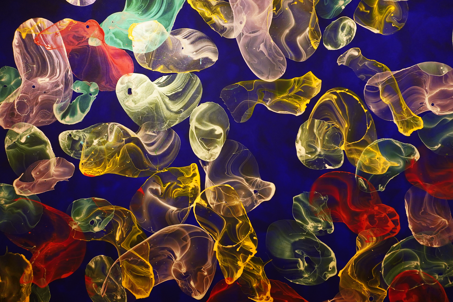 Colorful translucent glass sculptures in vibrant yellow, red, and blue hues against a dark background.